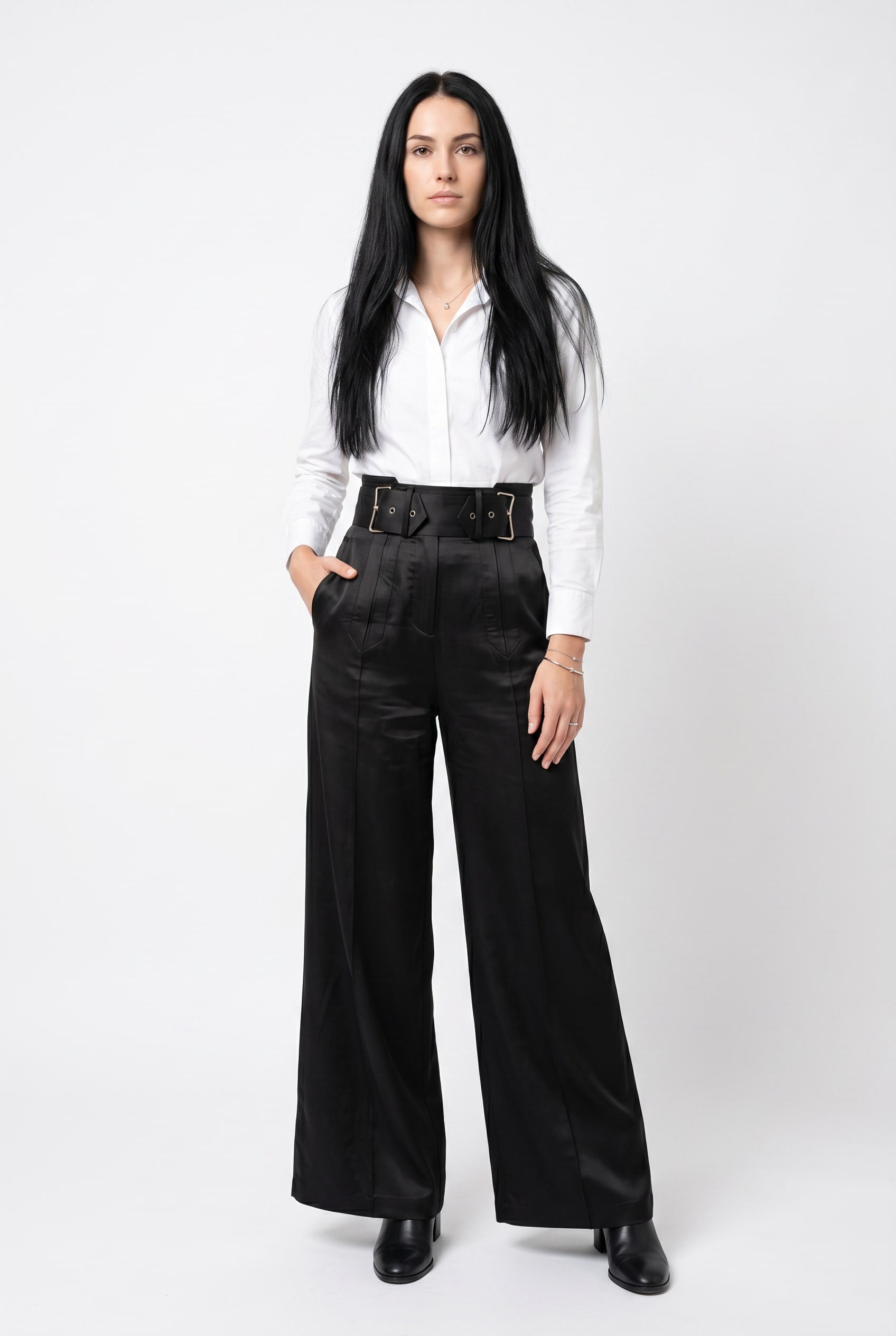 Black Satin Wide-Leg Trousers