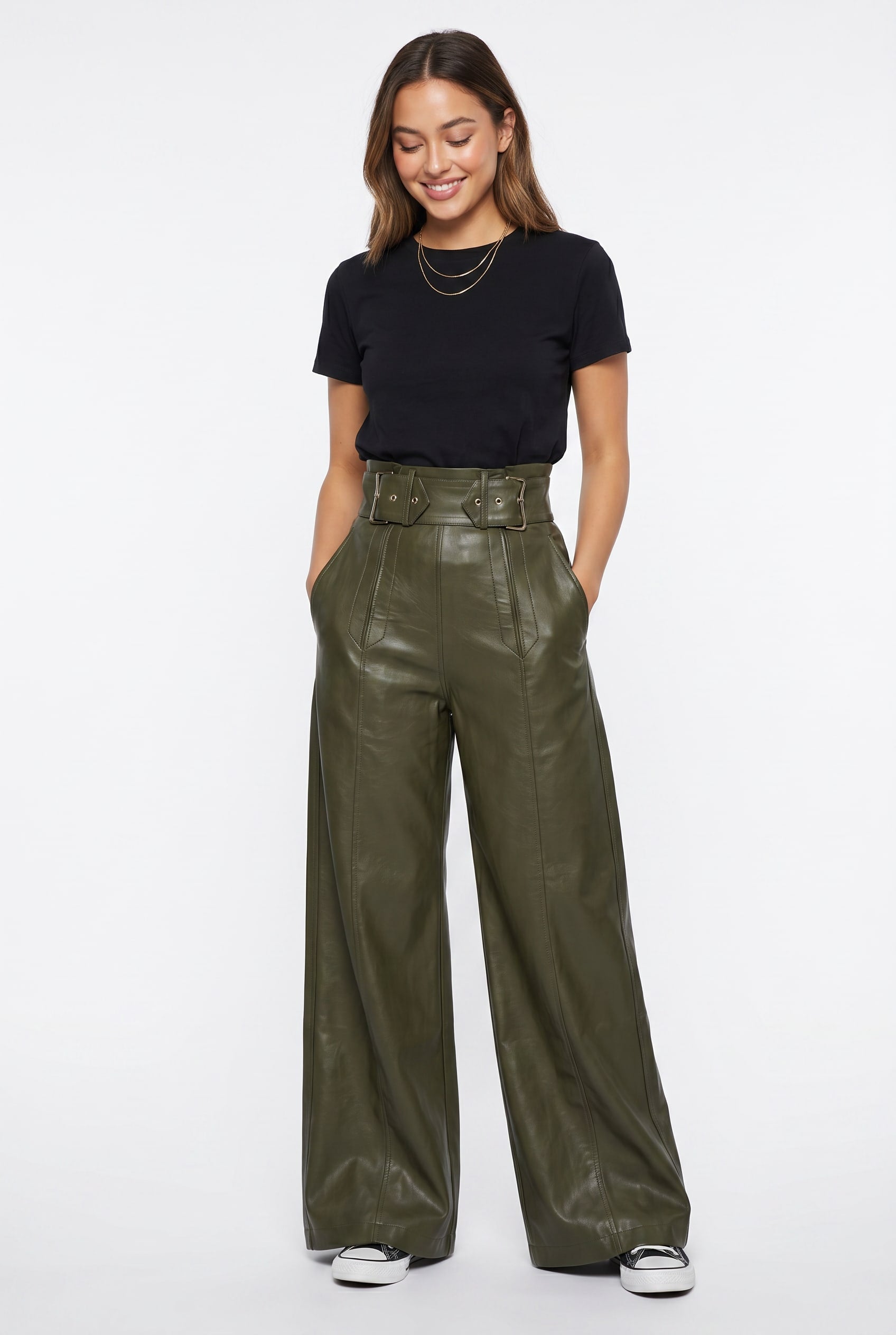 Olive Green Leather-Effect Wide-Leg Trousers