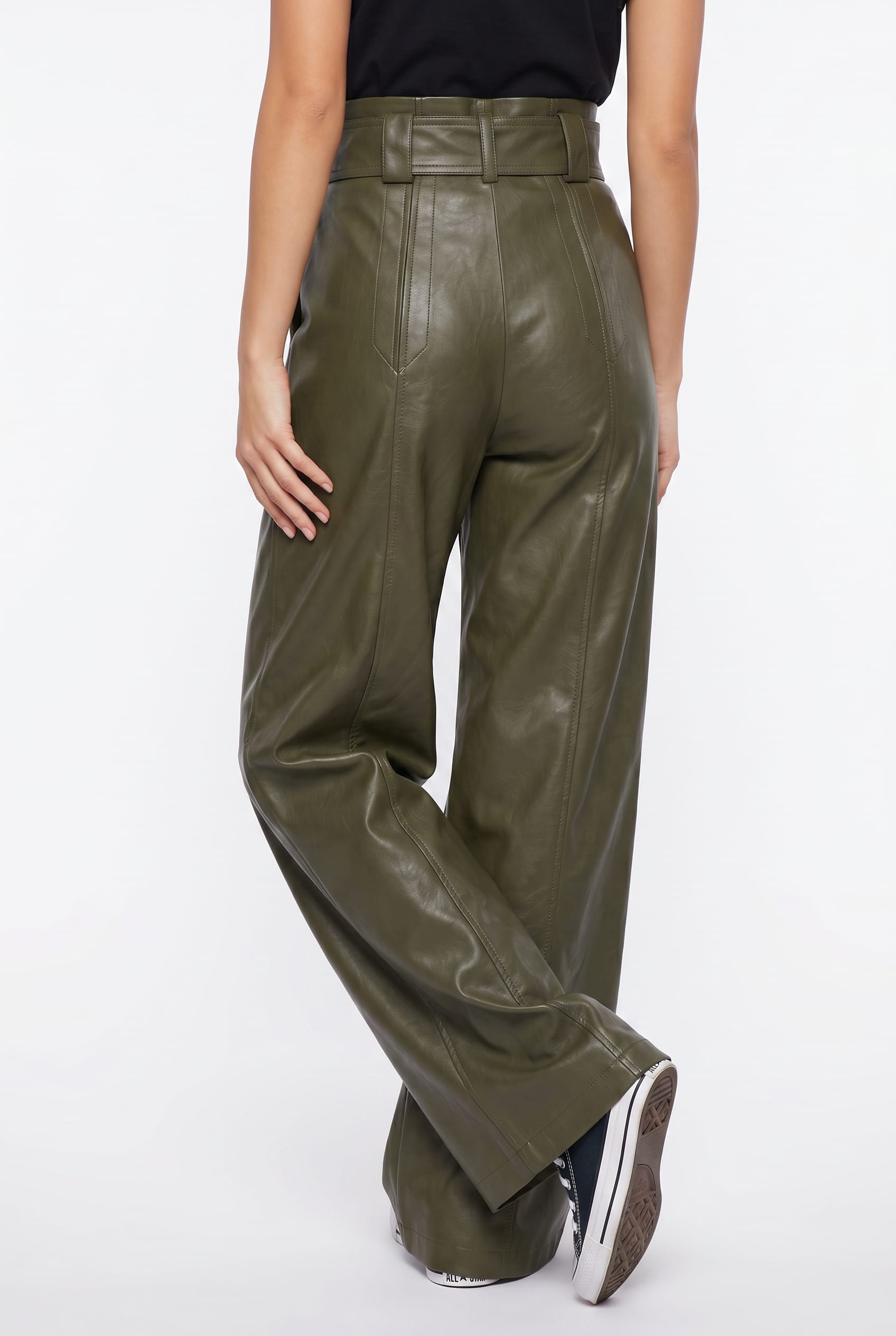 Olive Green Leather-Effect Wide-Leg Trousers