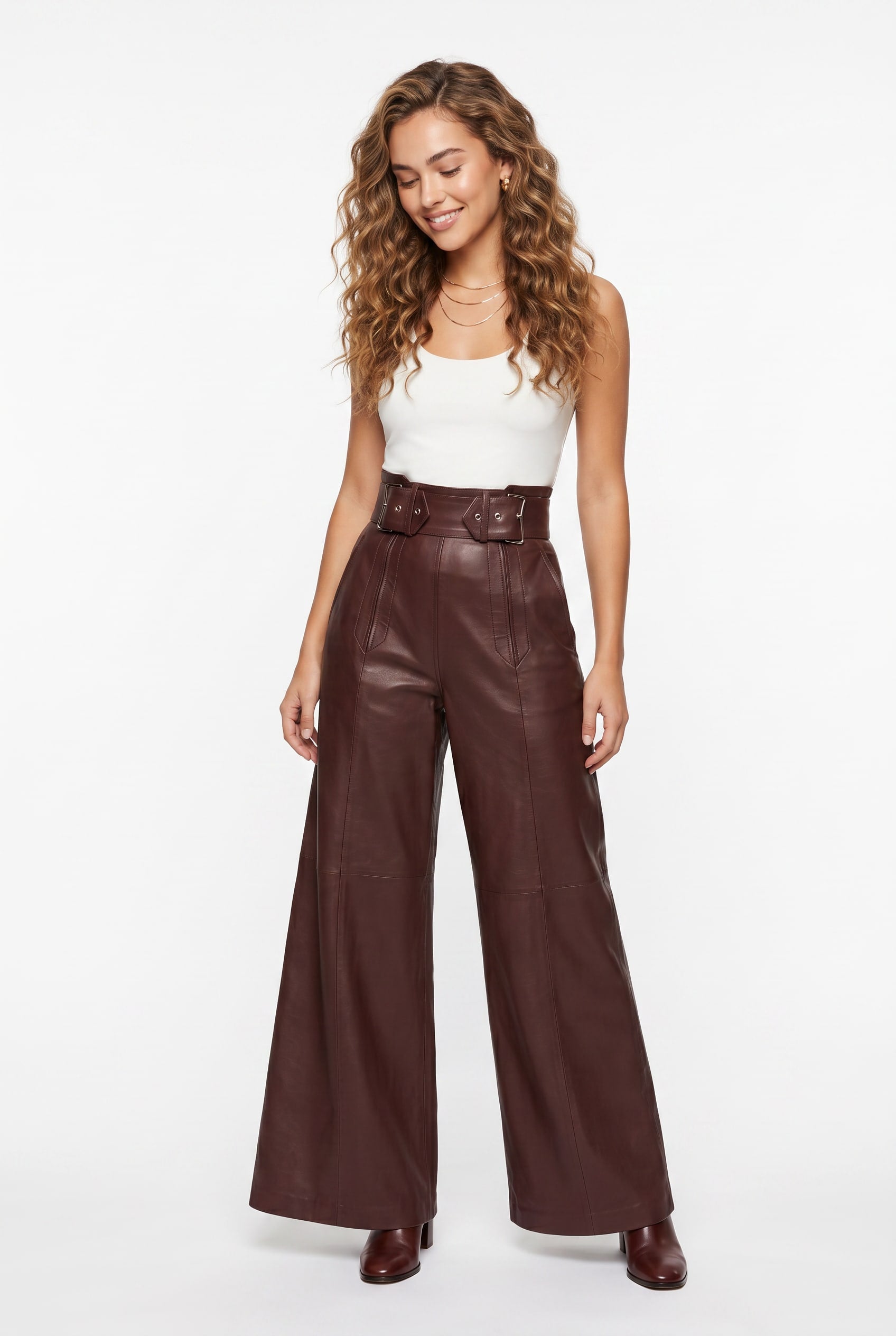 Burgundy Leather Wide-LegTrousers