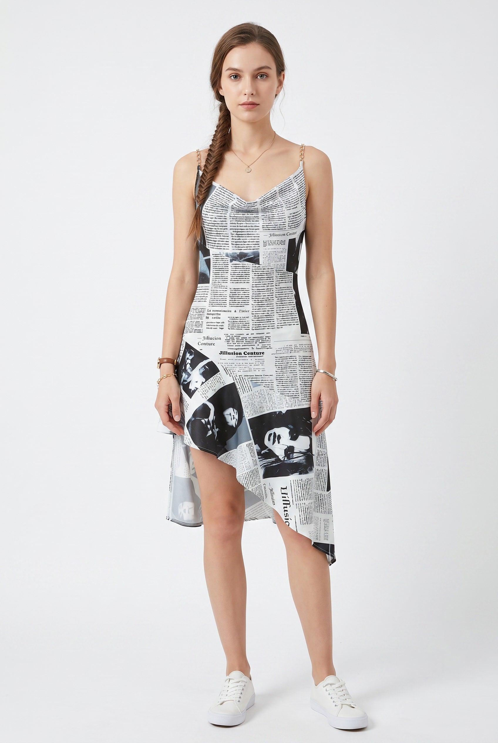 Newspaper Print Asymmetric Slip Dress