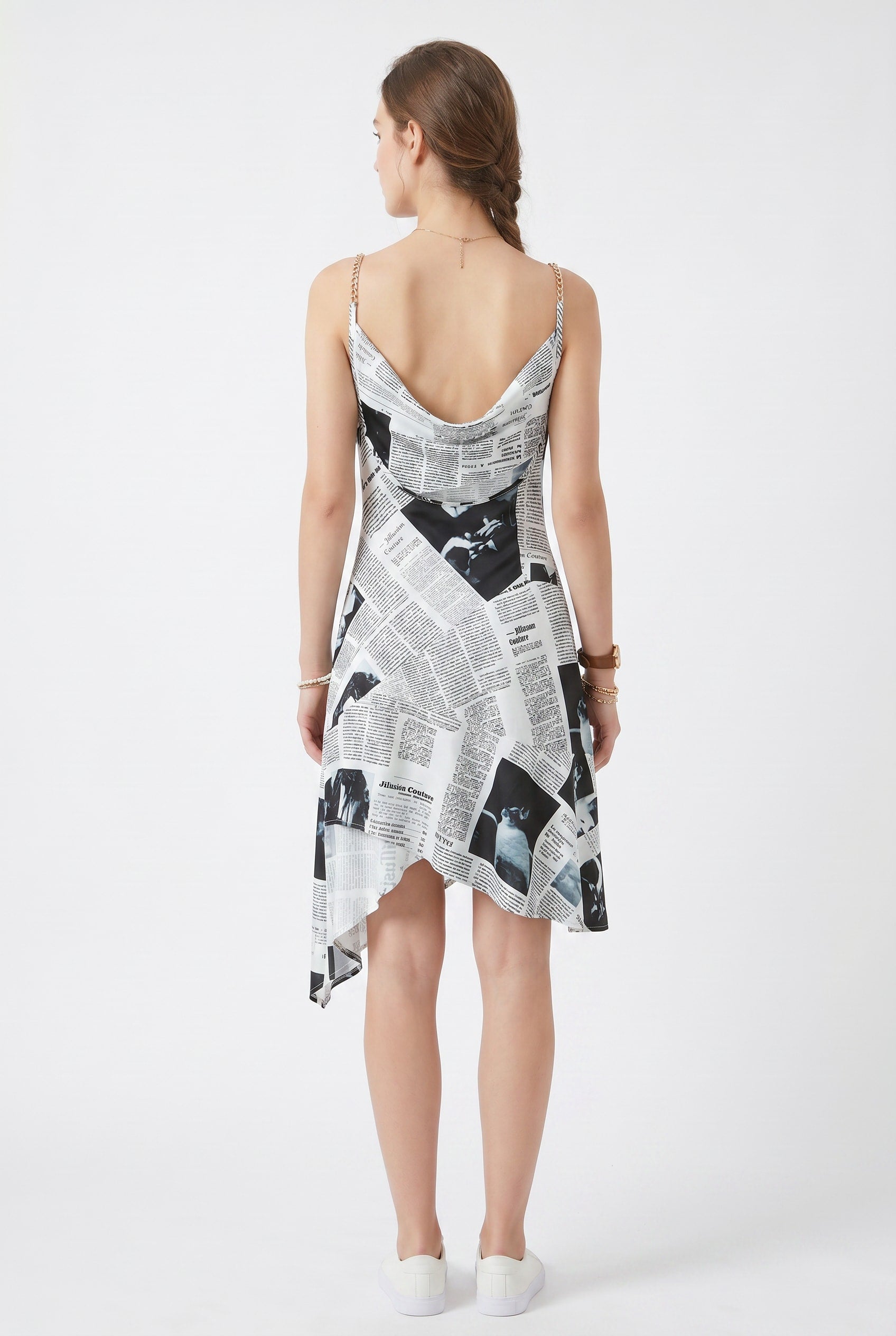 Newspaper Print Asymmetric Slip Dress