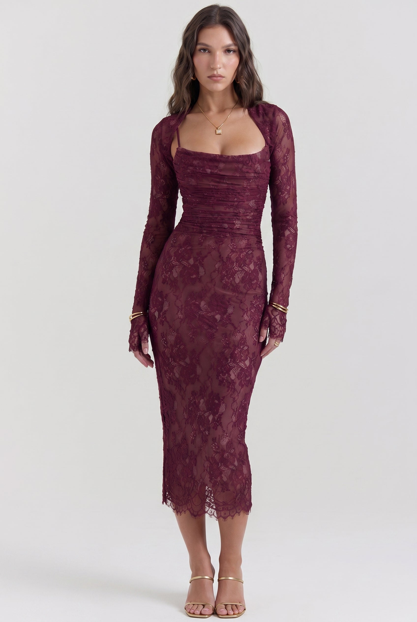 Burgundy Lace Ruched Midi Dress