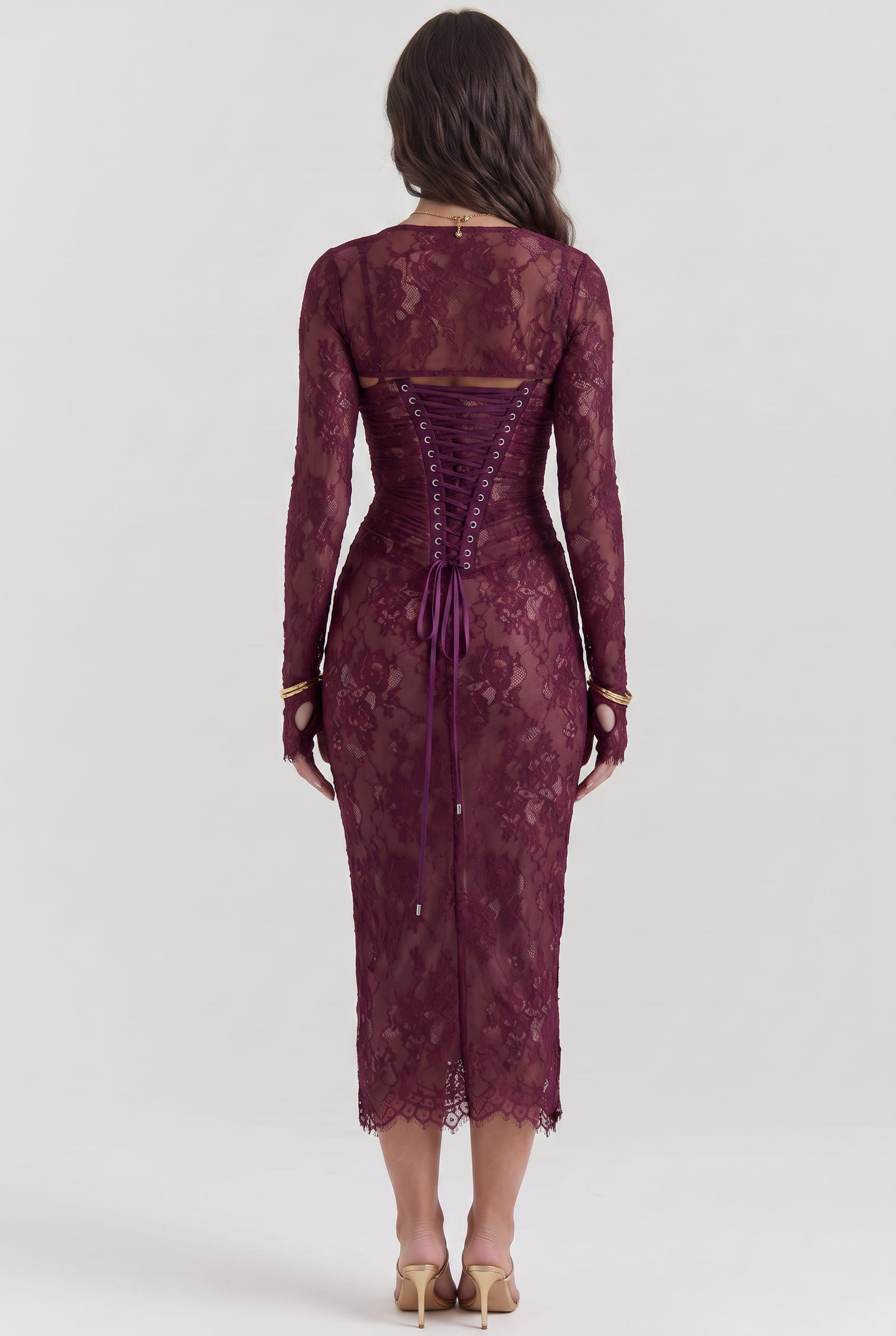 Burgundy Lace Ruched Midi Dress