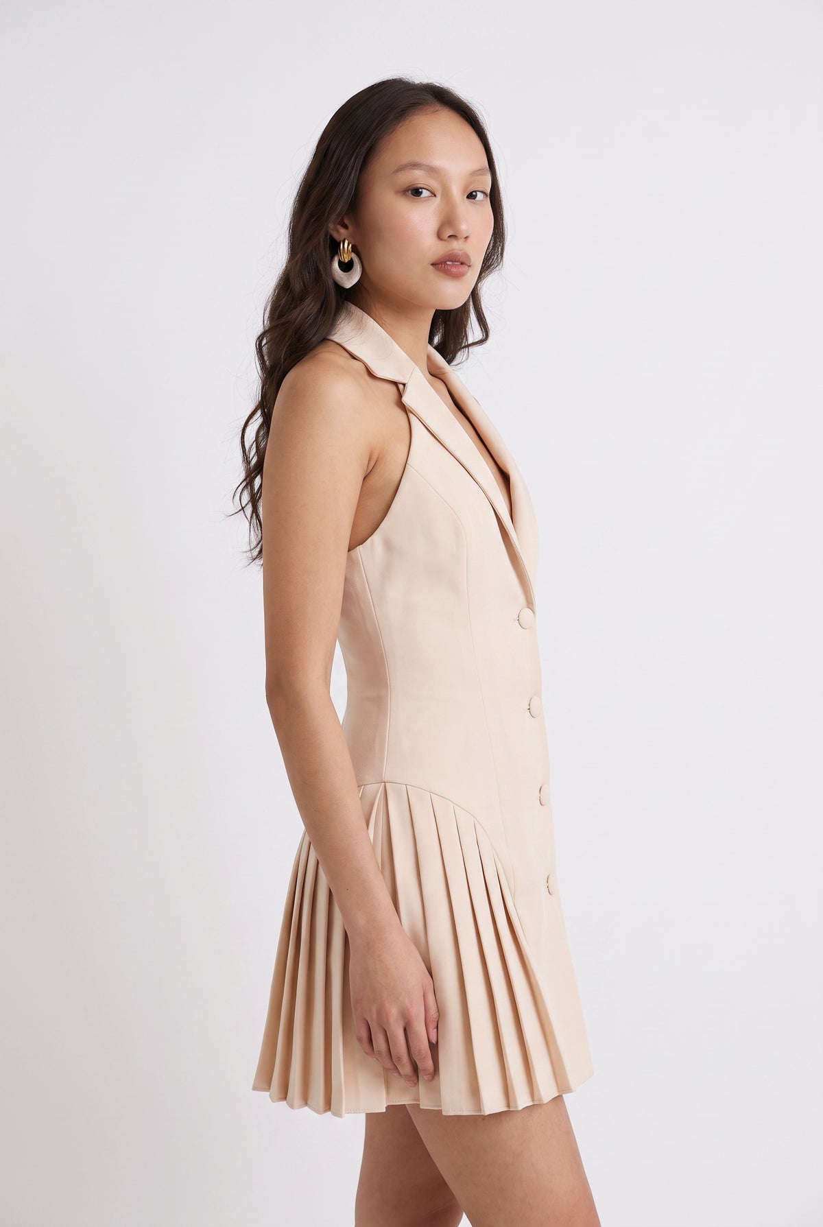 Beige Pleated Halter Blazer Dress