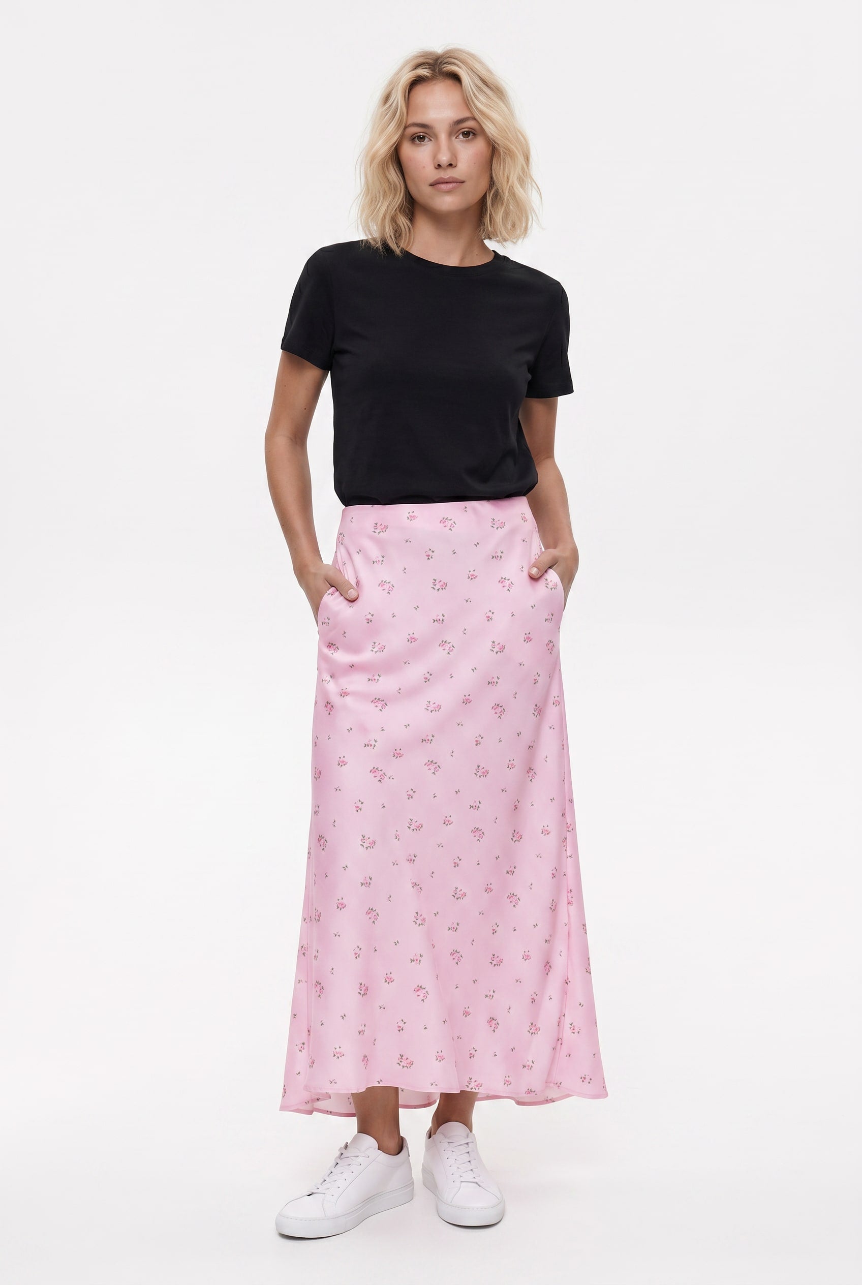 Pink Floral Print Satin Maxi Skirt