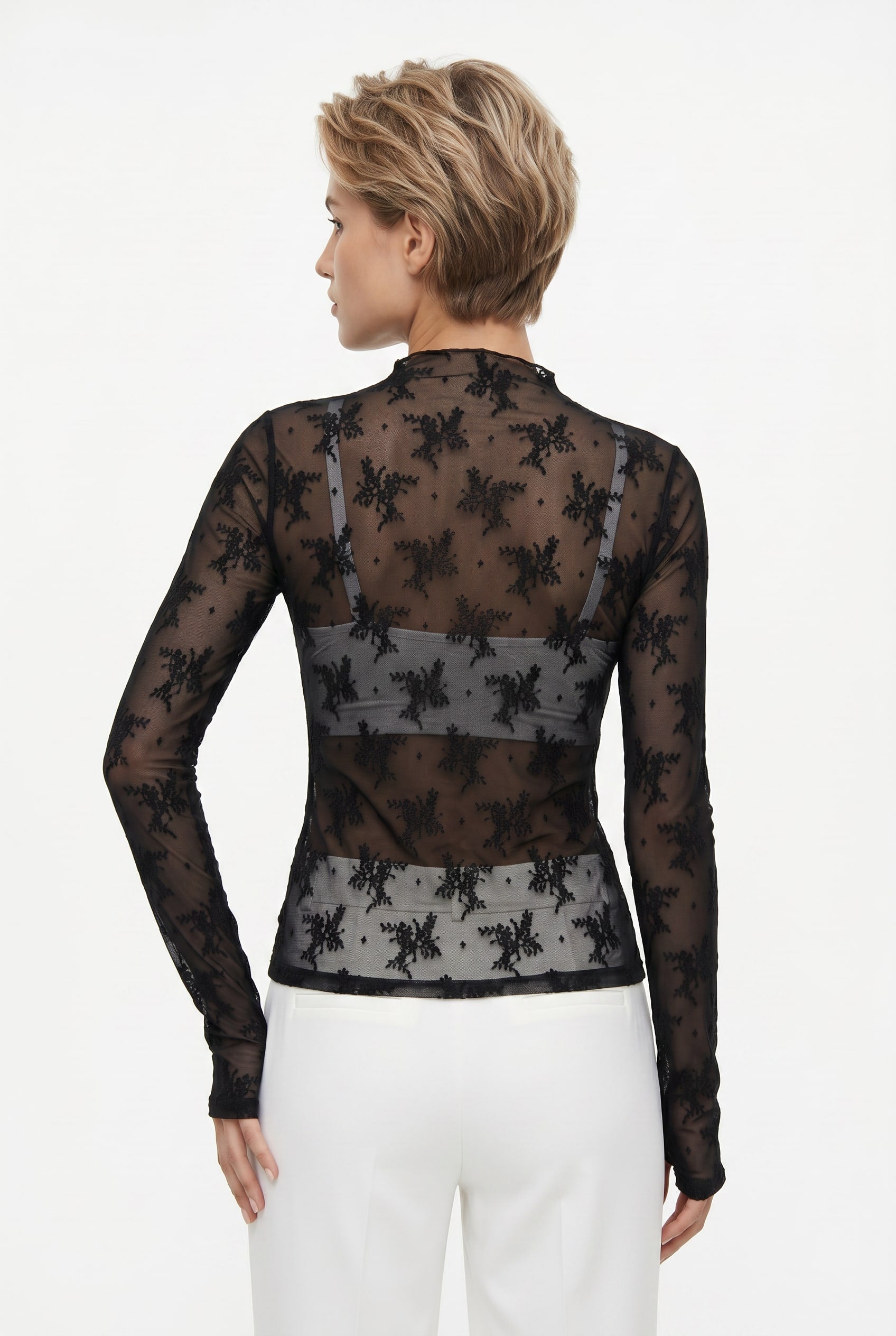 Black Floral Embroidered Sheer Mesh Top