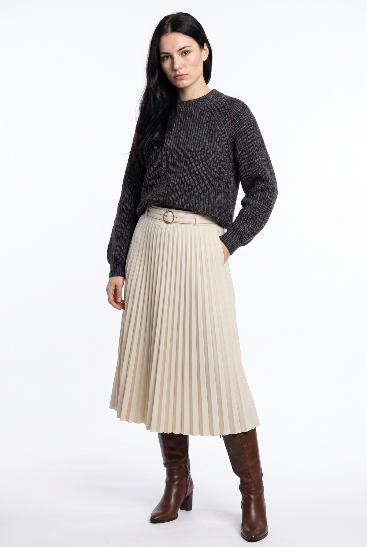 Gray Ribbed Knit Pullover Sweater