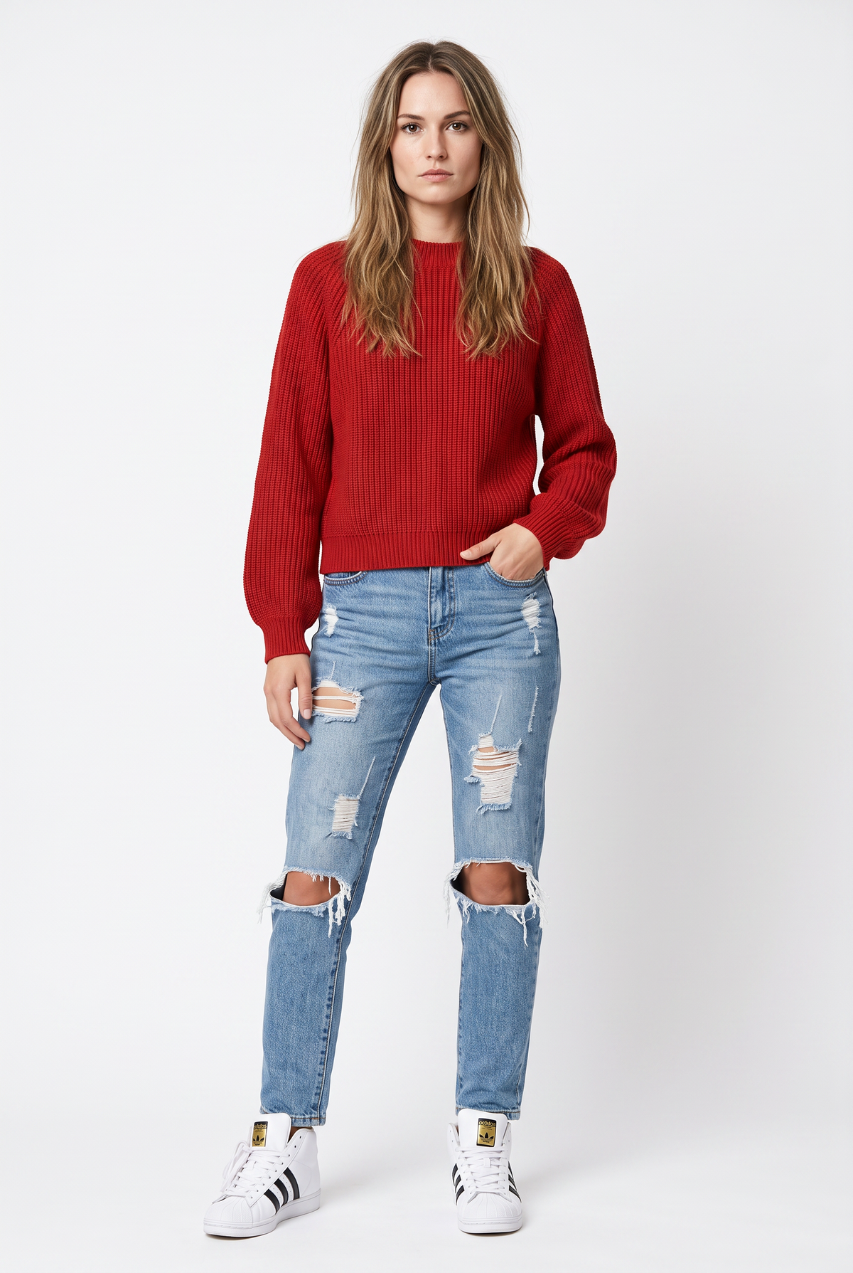 Red Ribbed Knit Cropped Sweater