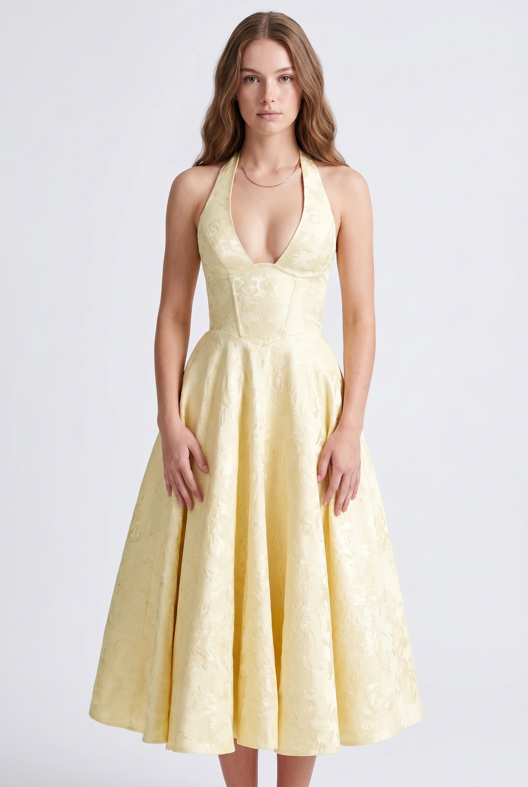 Butter Yellow Jacquard Halter Midi Dress