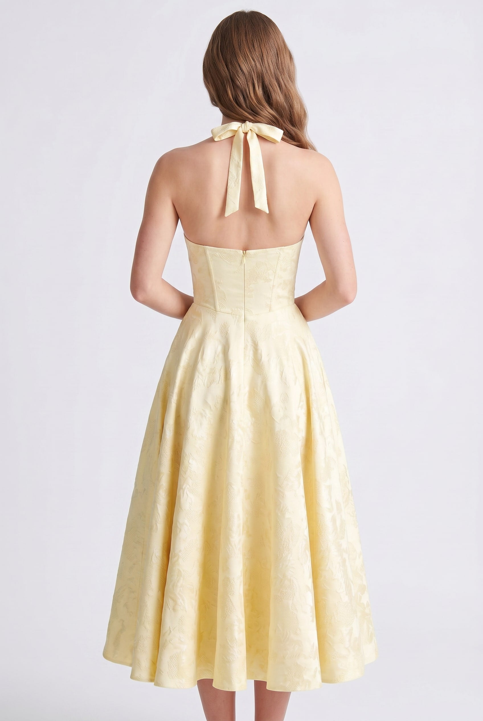 Butter Yellow Jacquard Halter Midi Dress