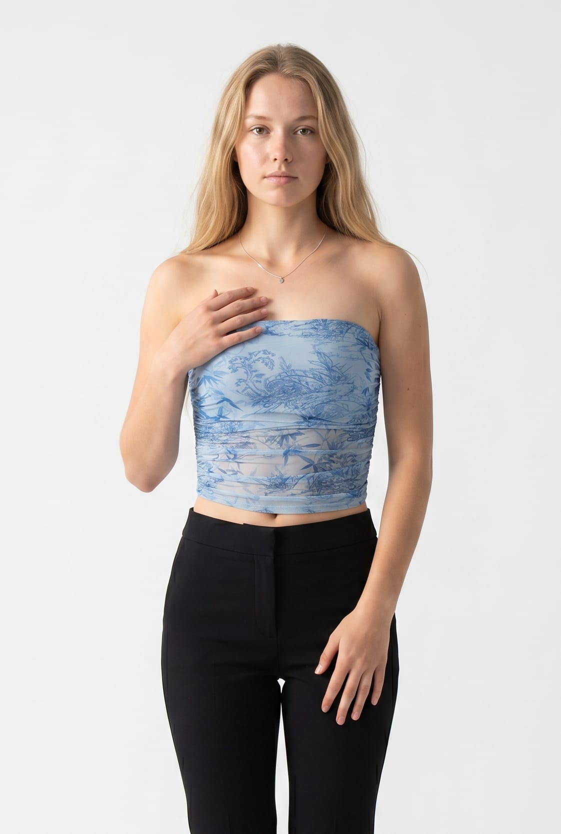 Blue Toile Print Ruched Tube Top