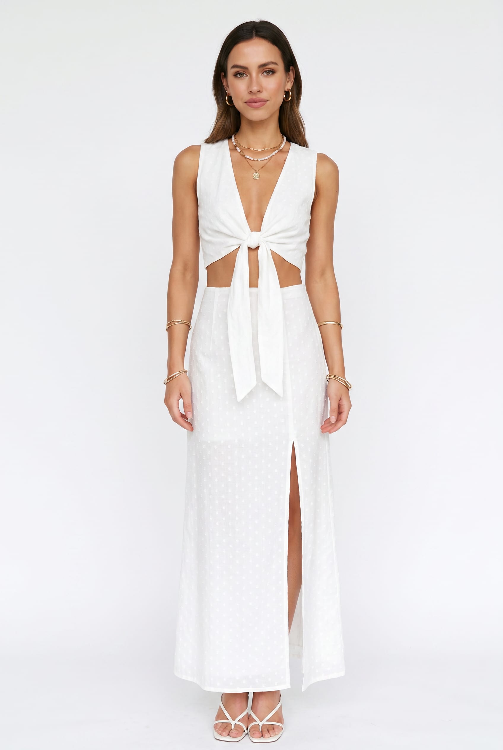 White Linen Cut-Out Tie Front Co-Ord