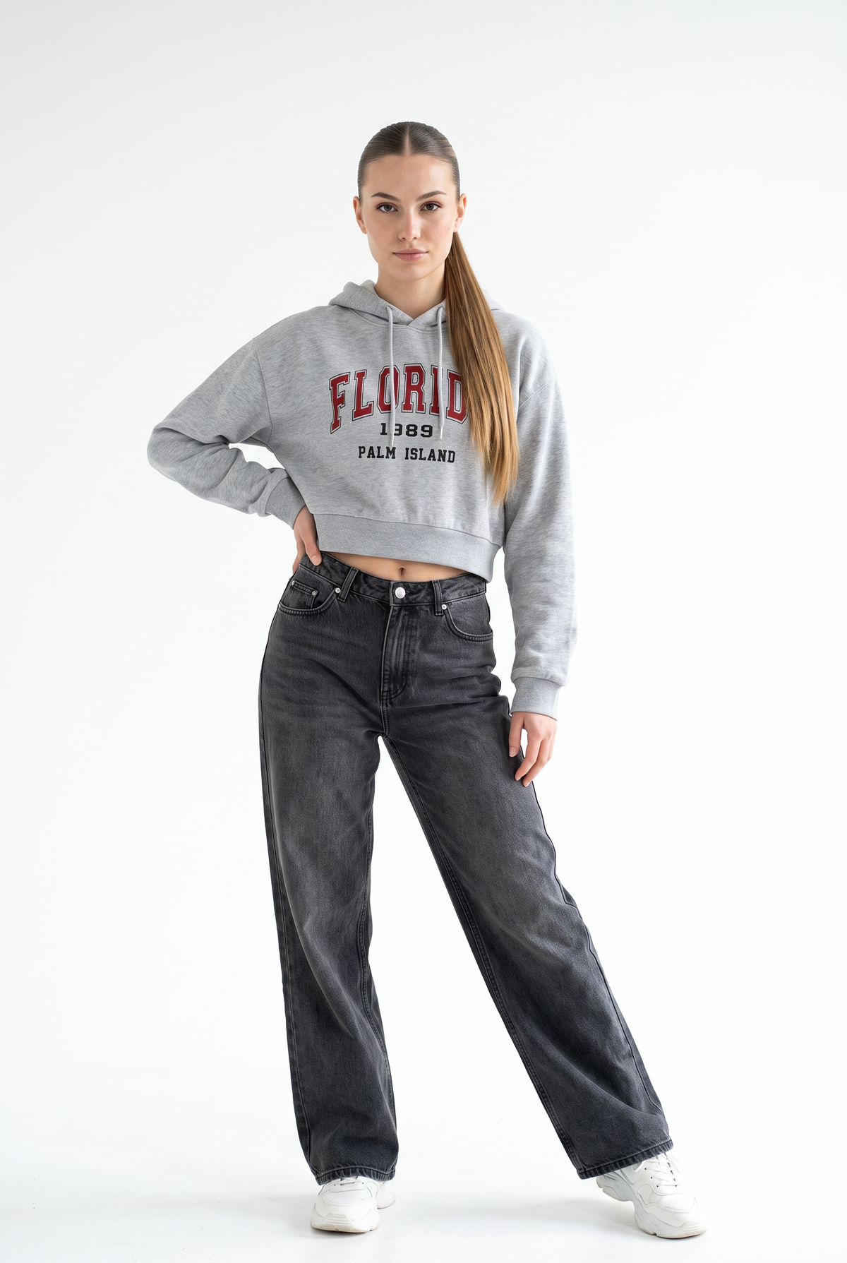 Gray Cropped Graphic Pullover Hoodie