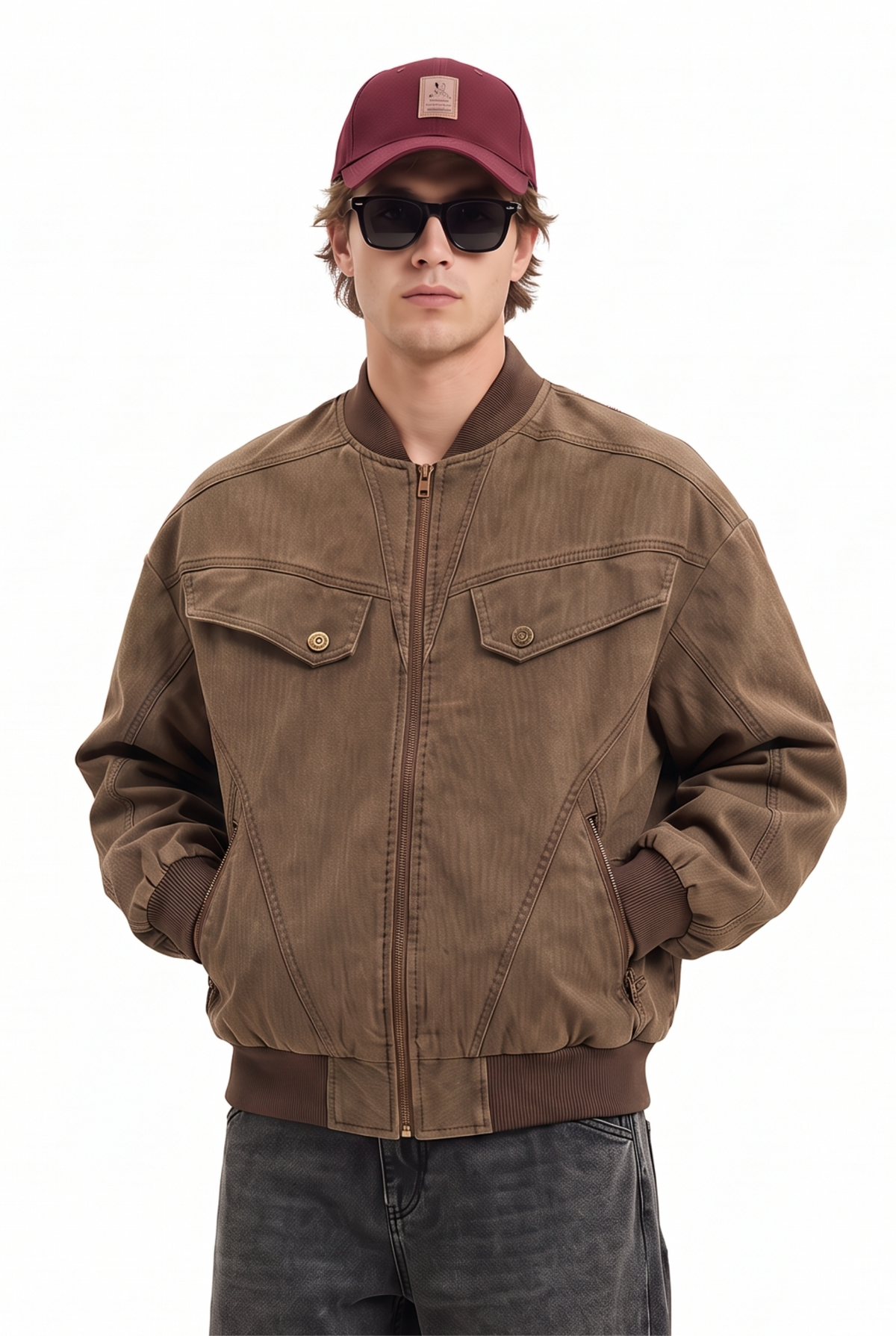 Washed Brown Twill Bomber Jacket