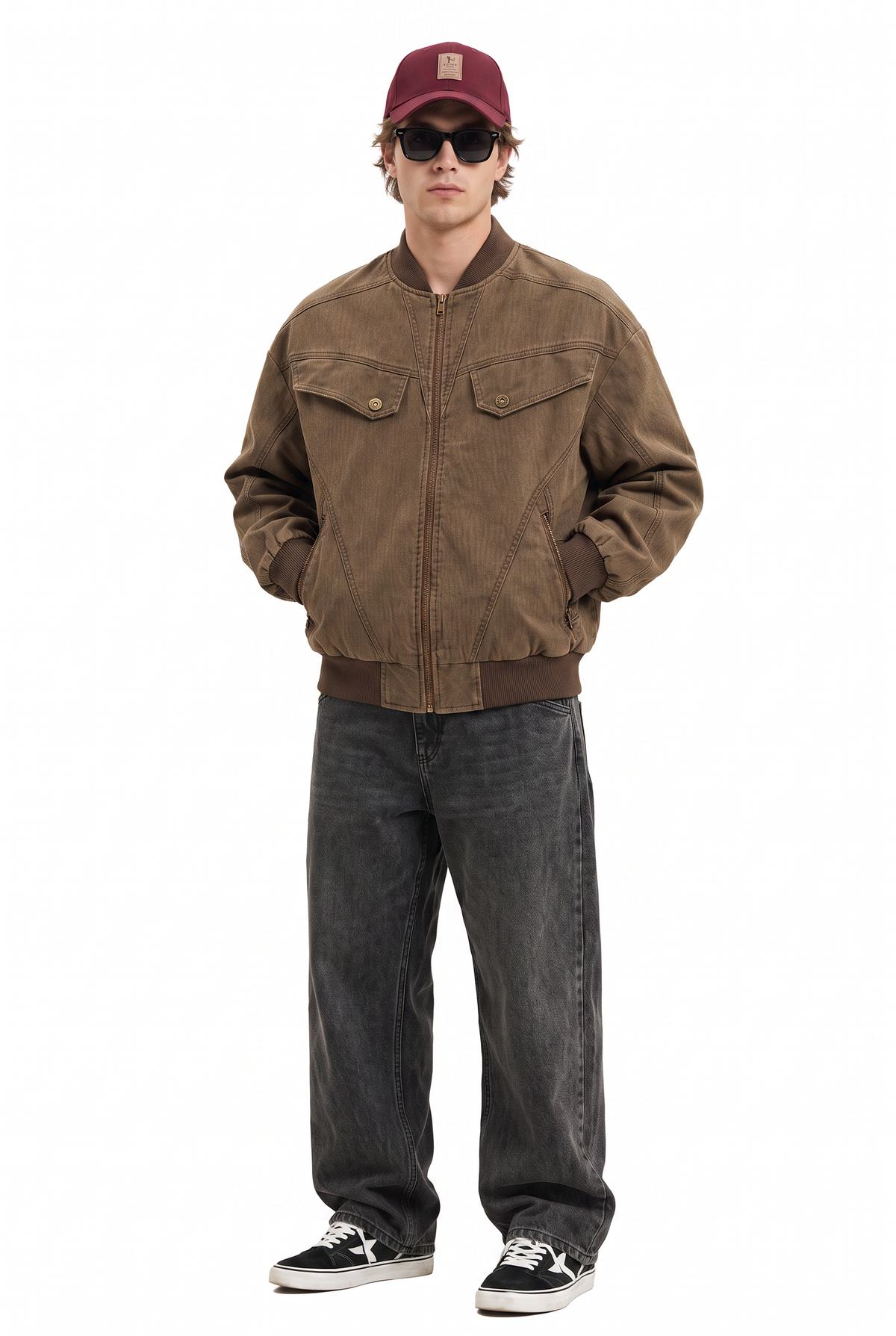 Washed Brown Twill Bomber Jacket