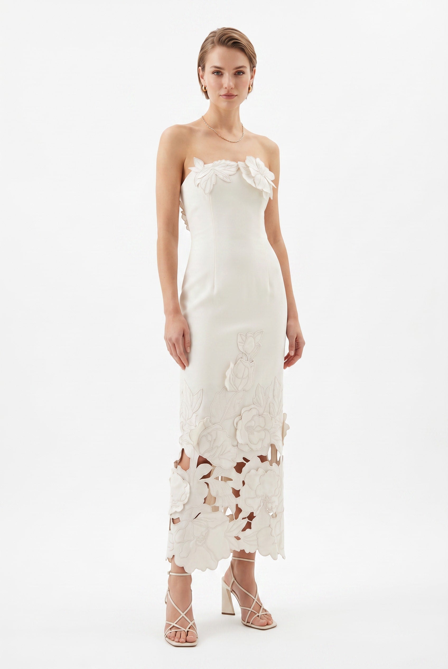 Ivory Floral Appliqué Strapless Maxi Dress
