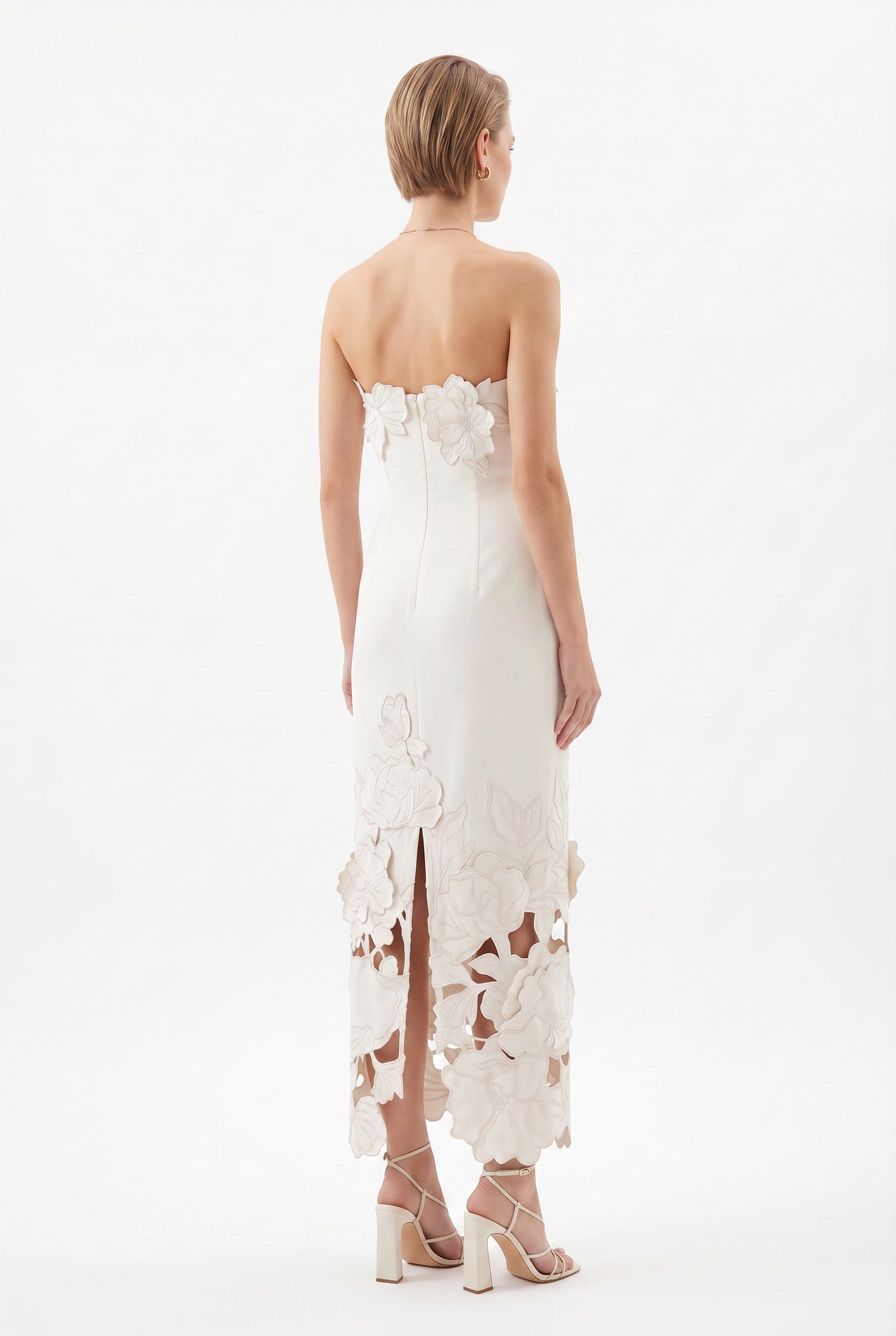 Ivory Floral Appliqué Strapless Maxi Dress