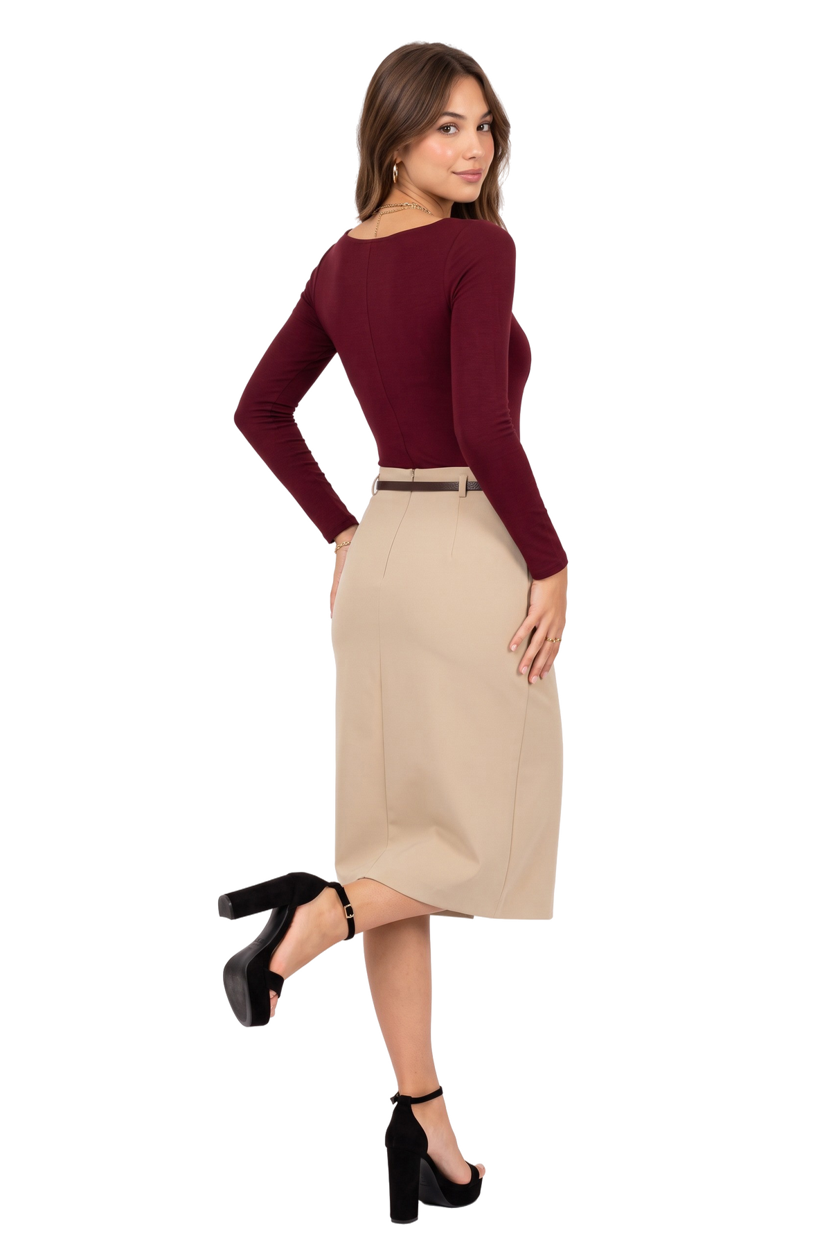 Beige Wrap Overlay Midi Skirt