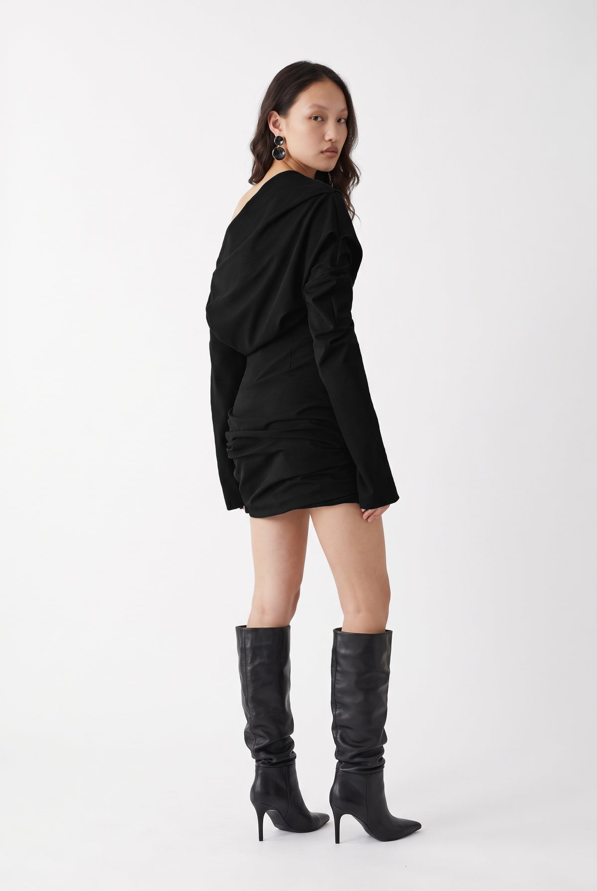Black One Shoulder Ruched Mini Dress
