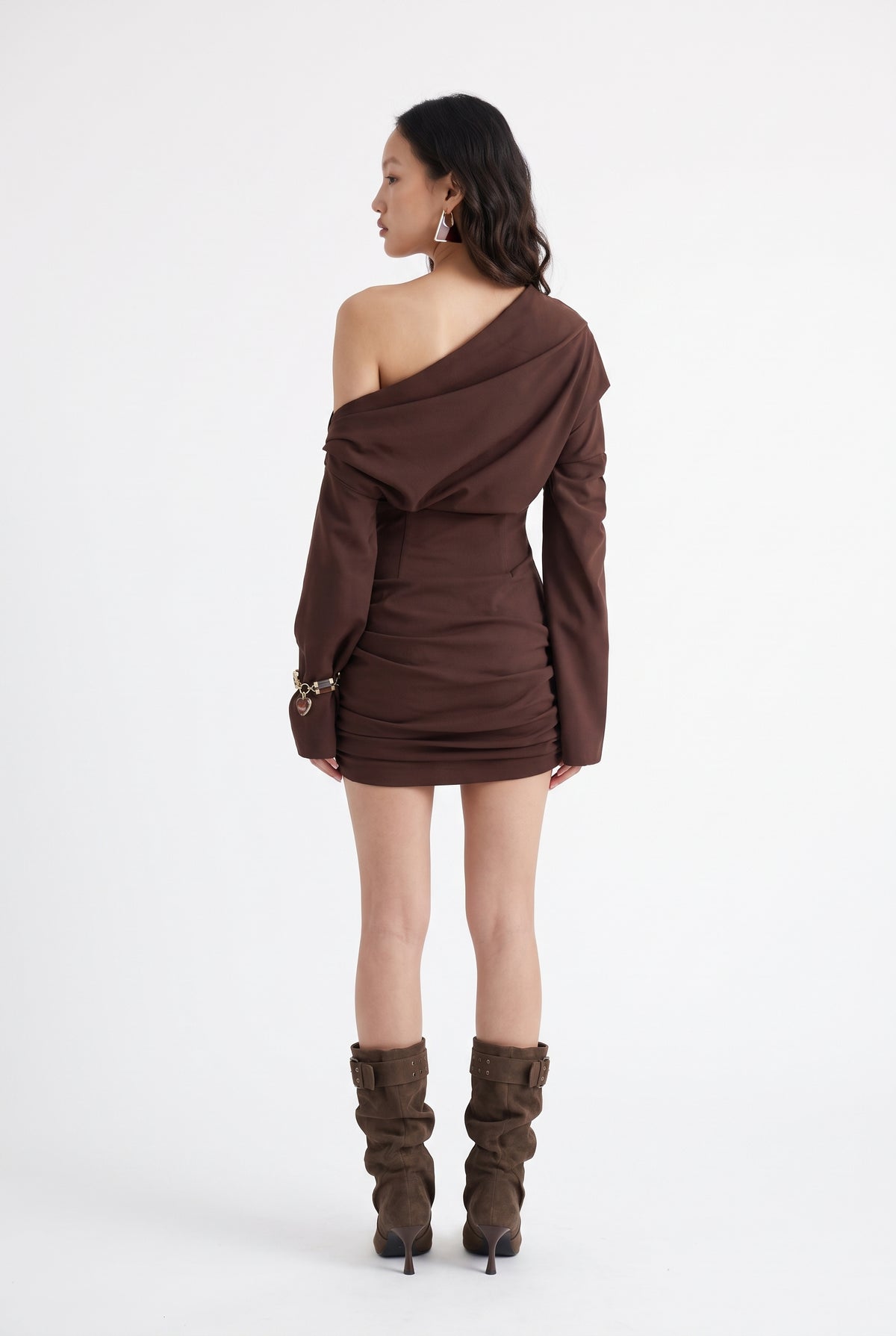 Brown Off-Shoulder Ruched Mini Dress