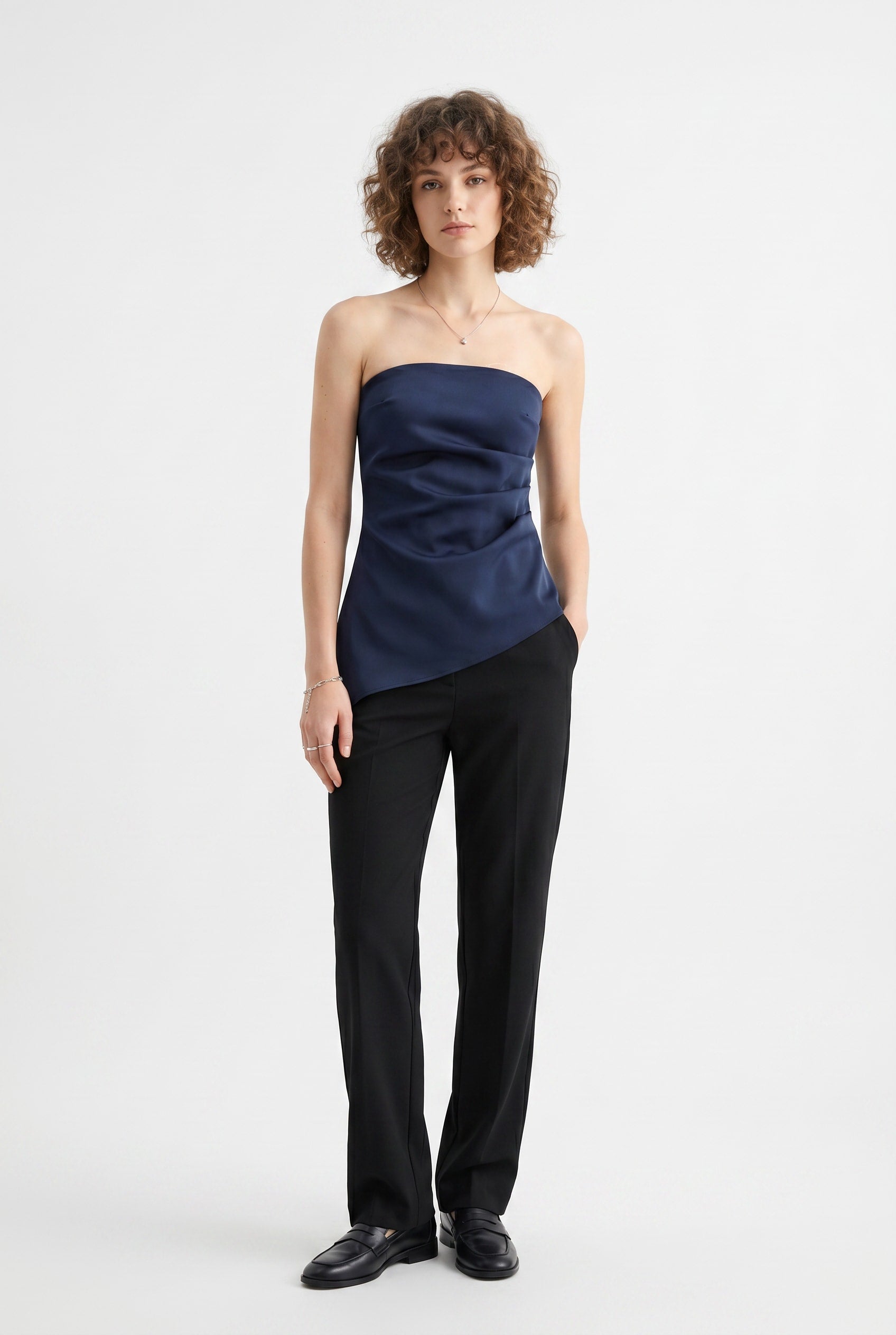 Navy Satin Ruched Strapless Top