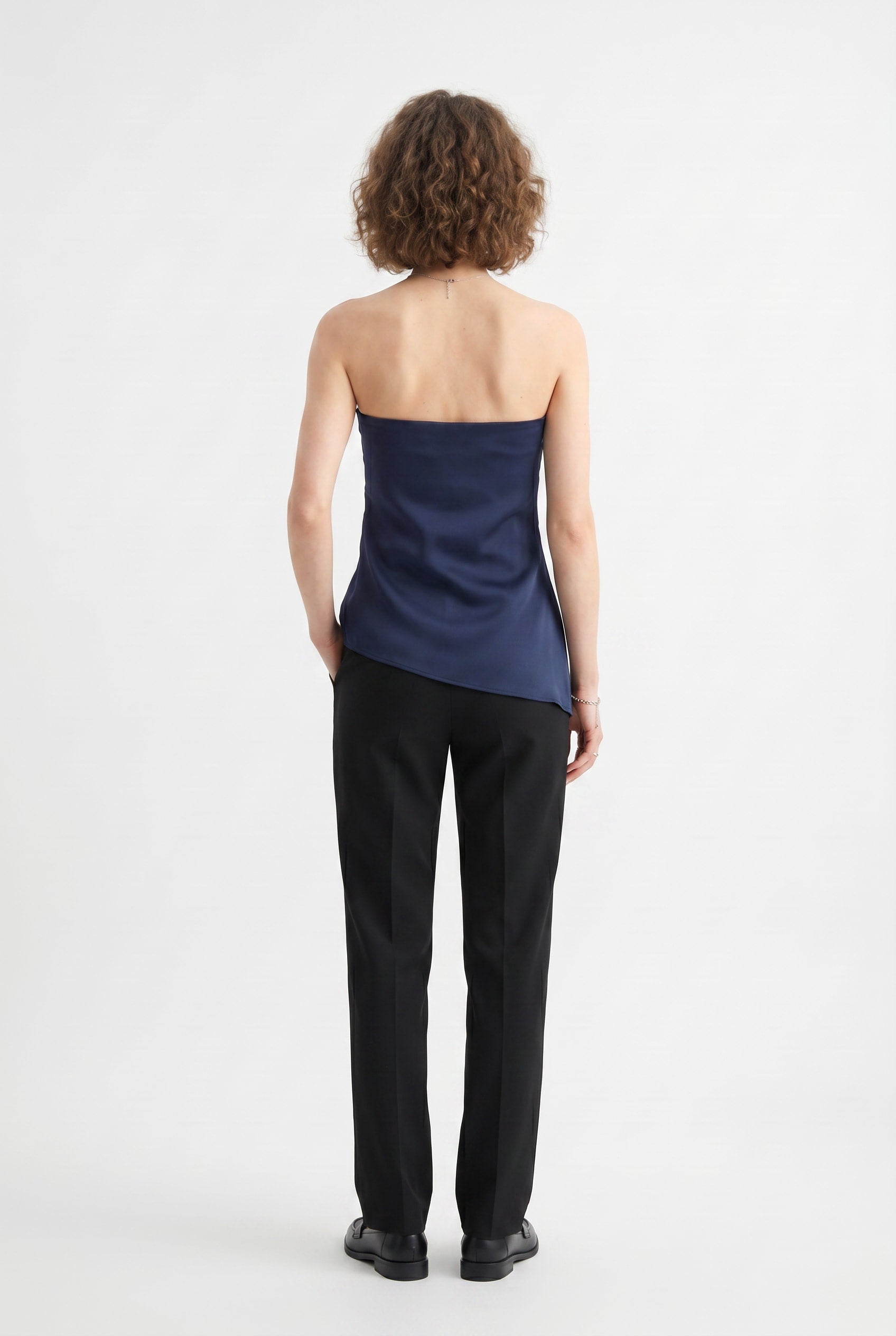 Navy Satin Ruched Strapless Top
