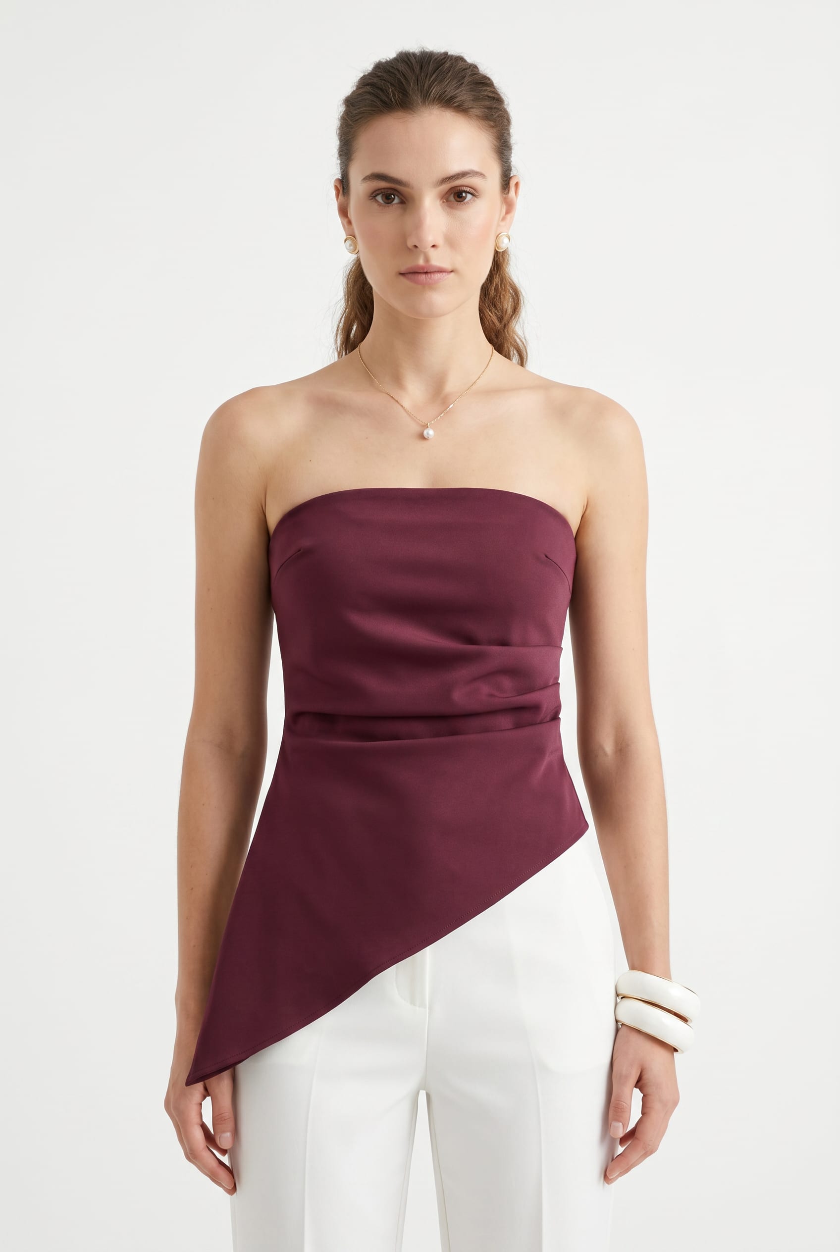 Burgundy Asymmetric Strapless Satin Top