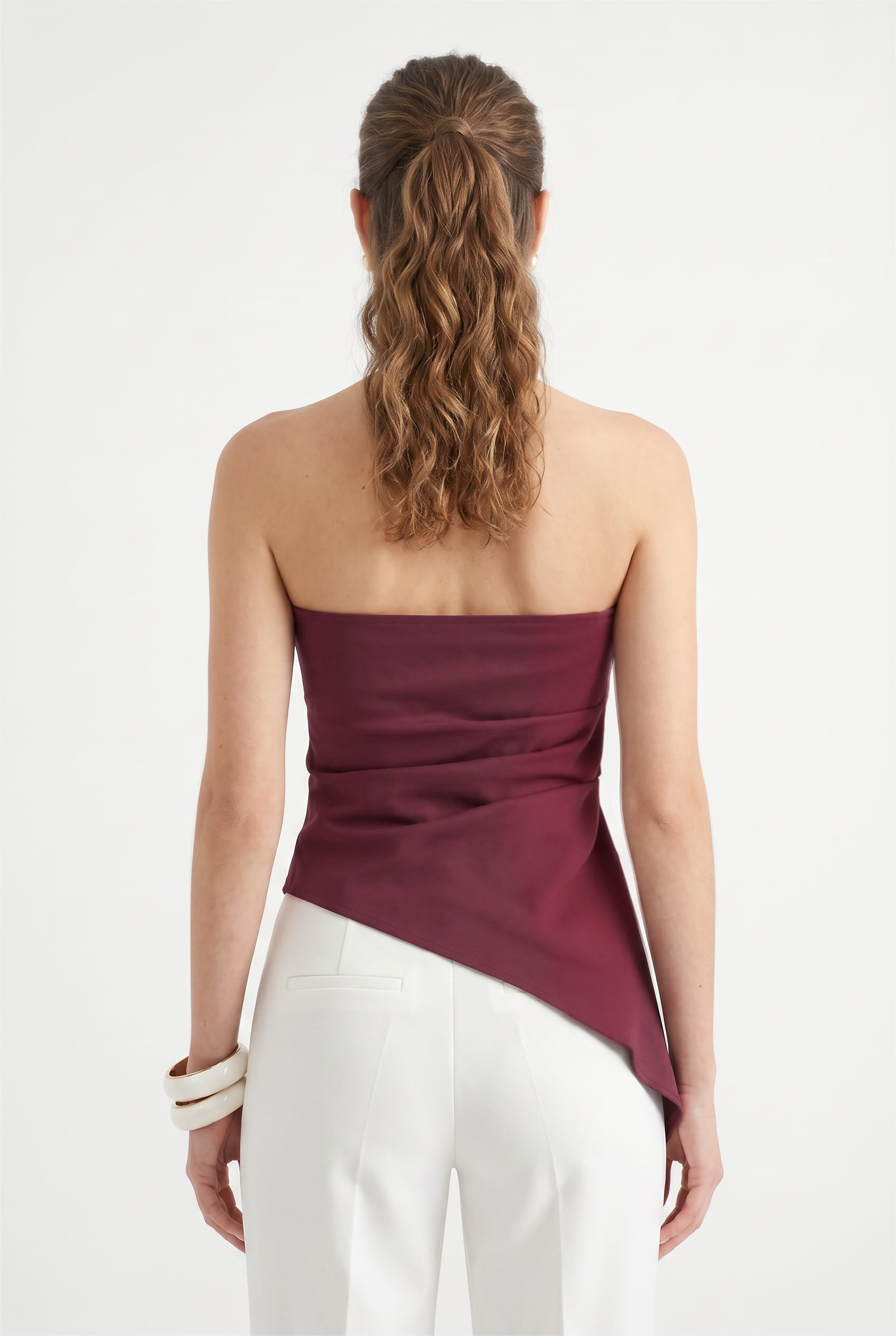 Burgundy Asymmetric Strapless Satin Top