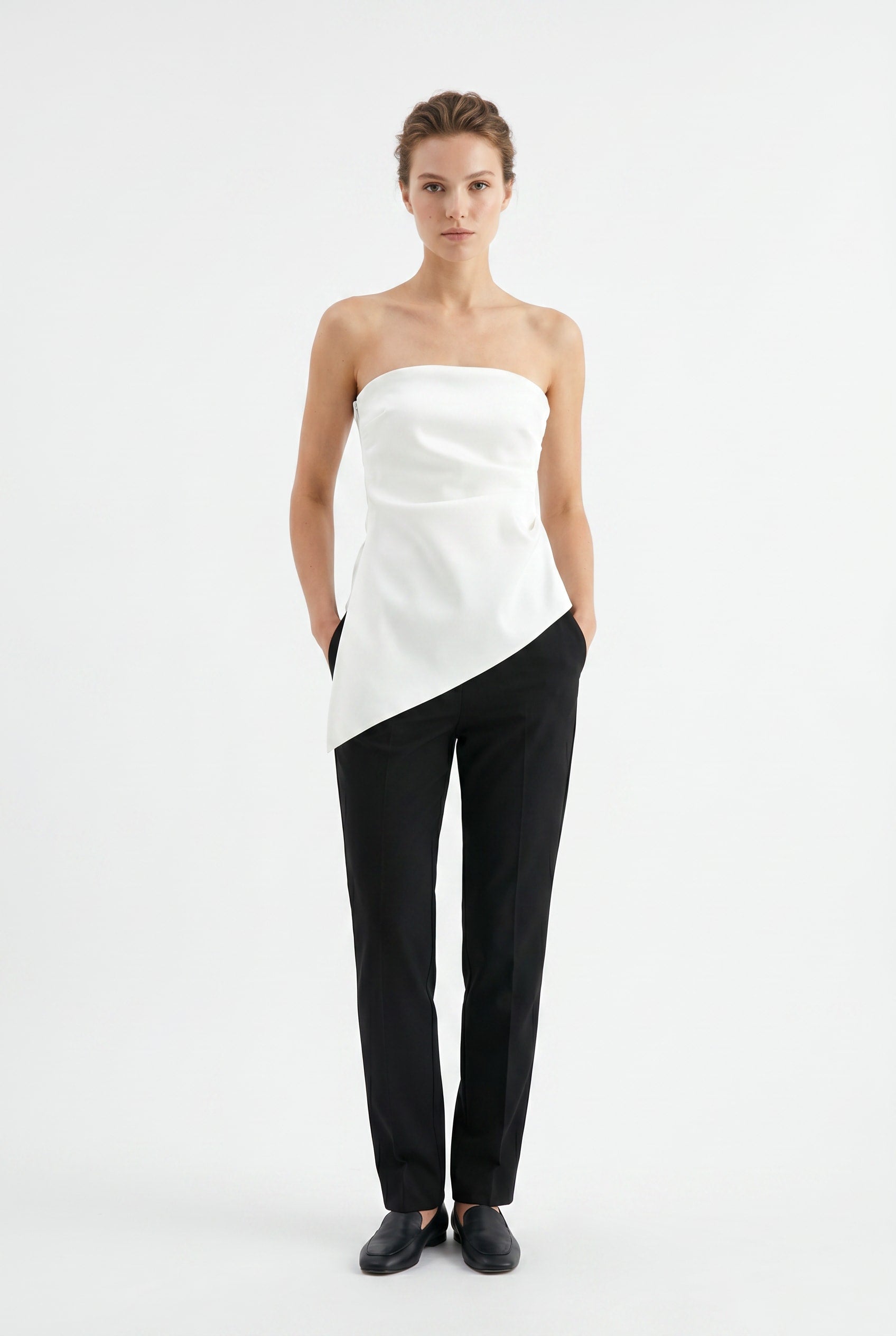 White Asymmetric Strapless Structured Top