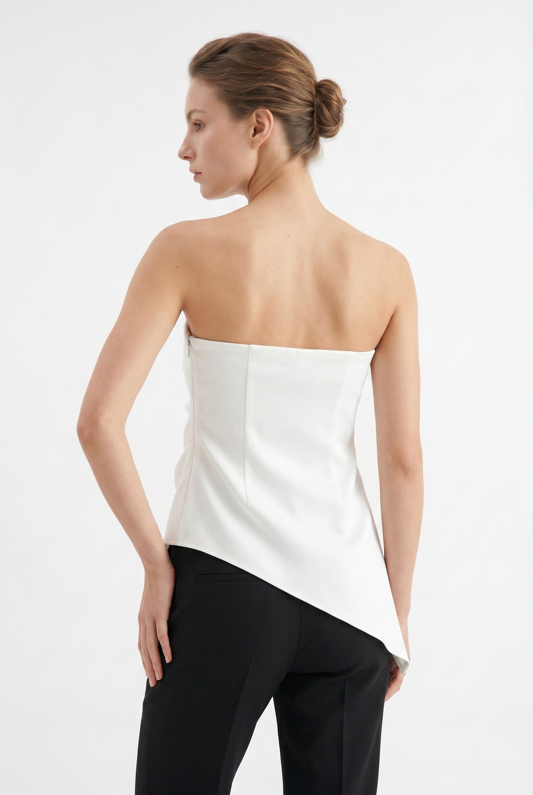 White Asymmetric Strapless Structured Top
