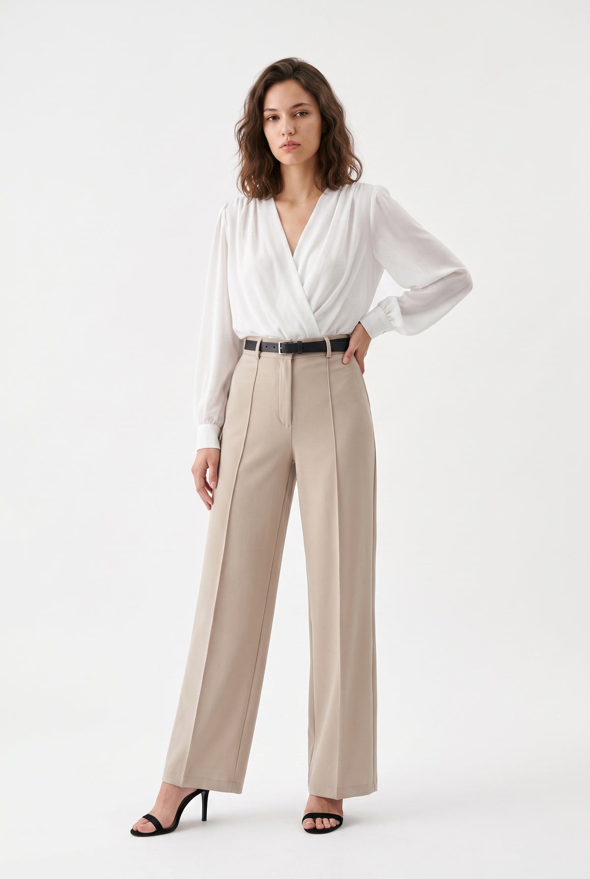 Beige Wide Leg Tailored Trousers