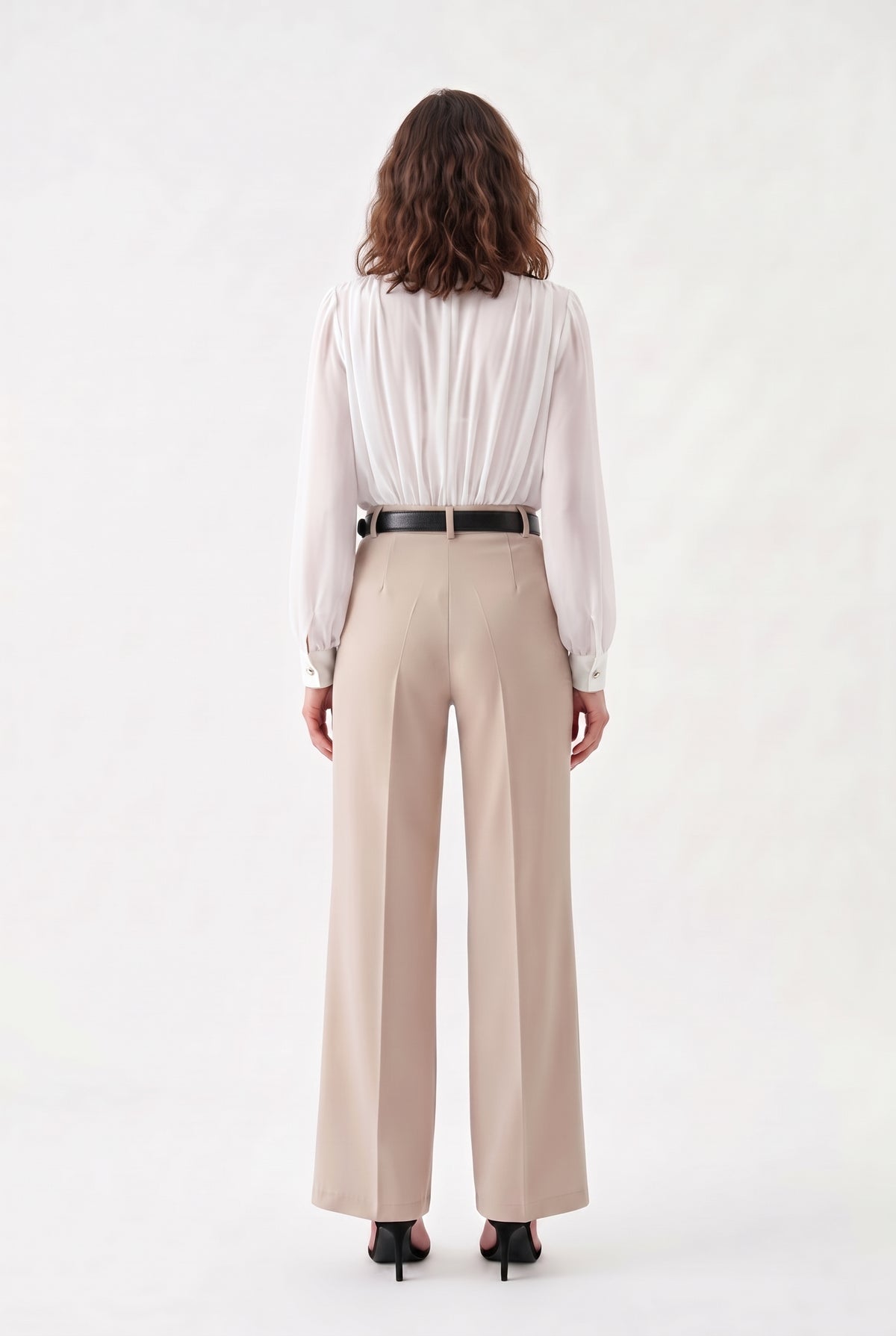 Beige Wide Leg Tailored Trousers