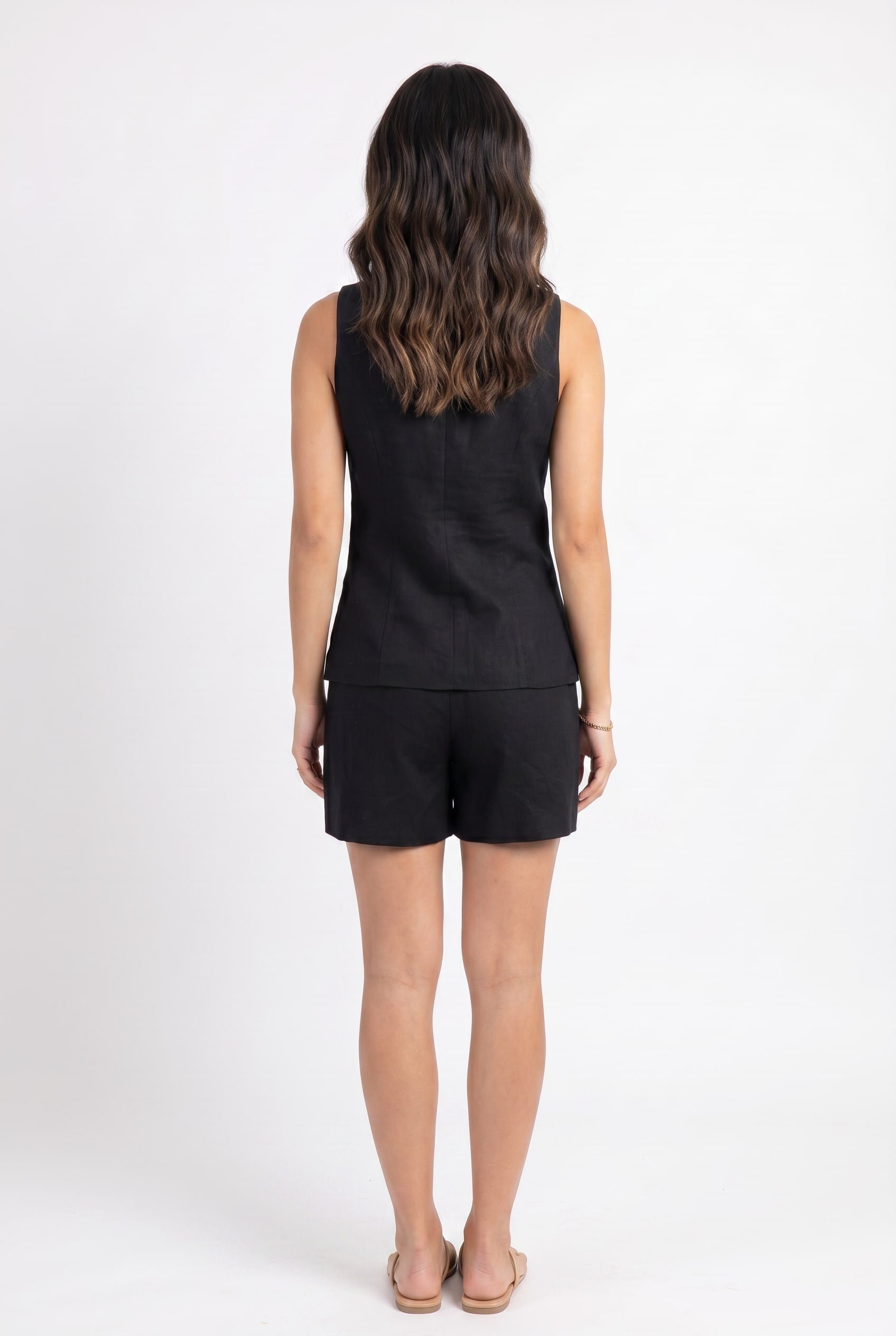 Black Button-Front Vest And Shorts Co-ord