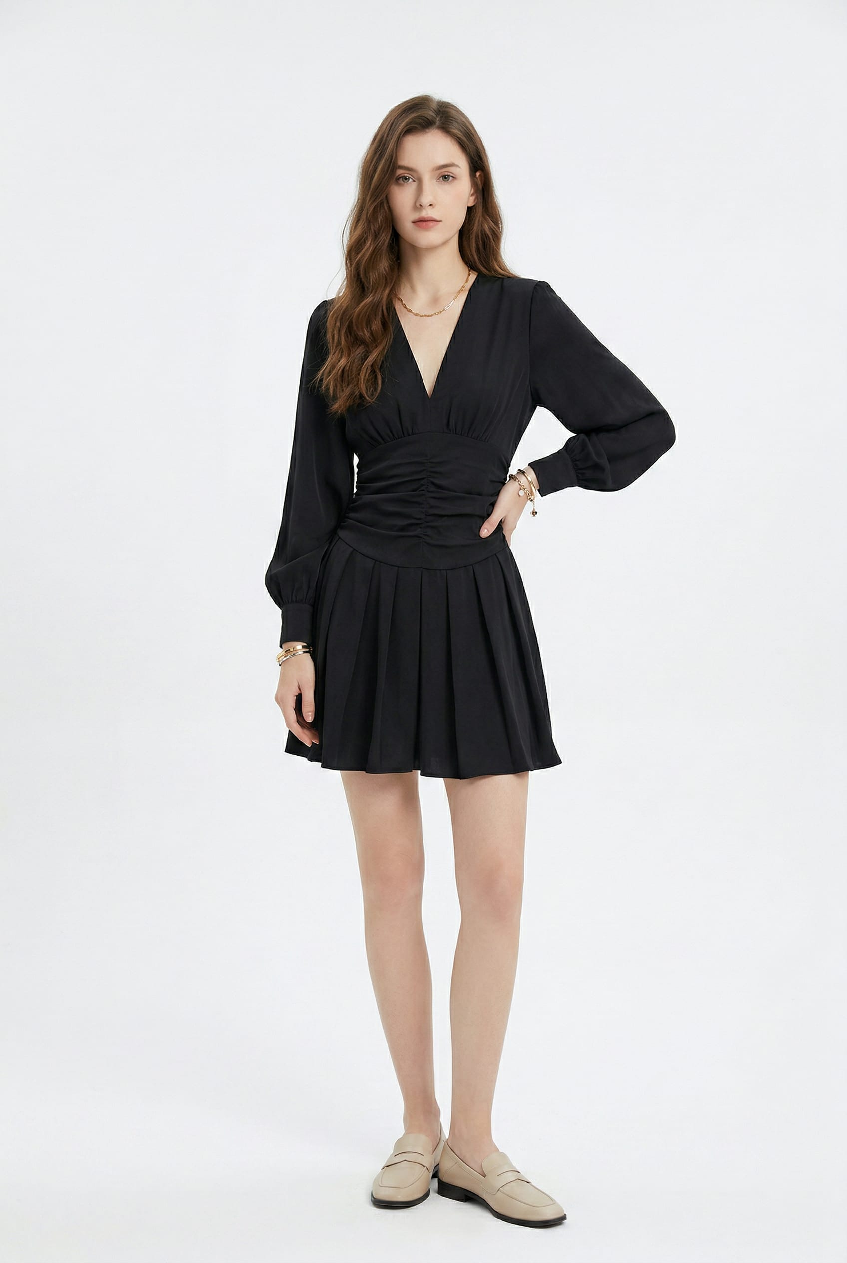 Black Ruched Waist Pleated Mini Dress