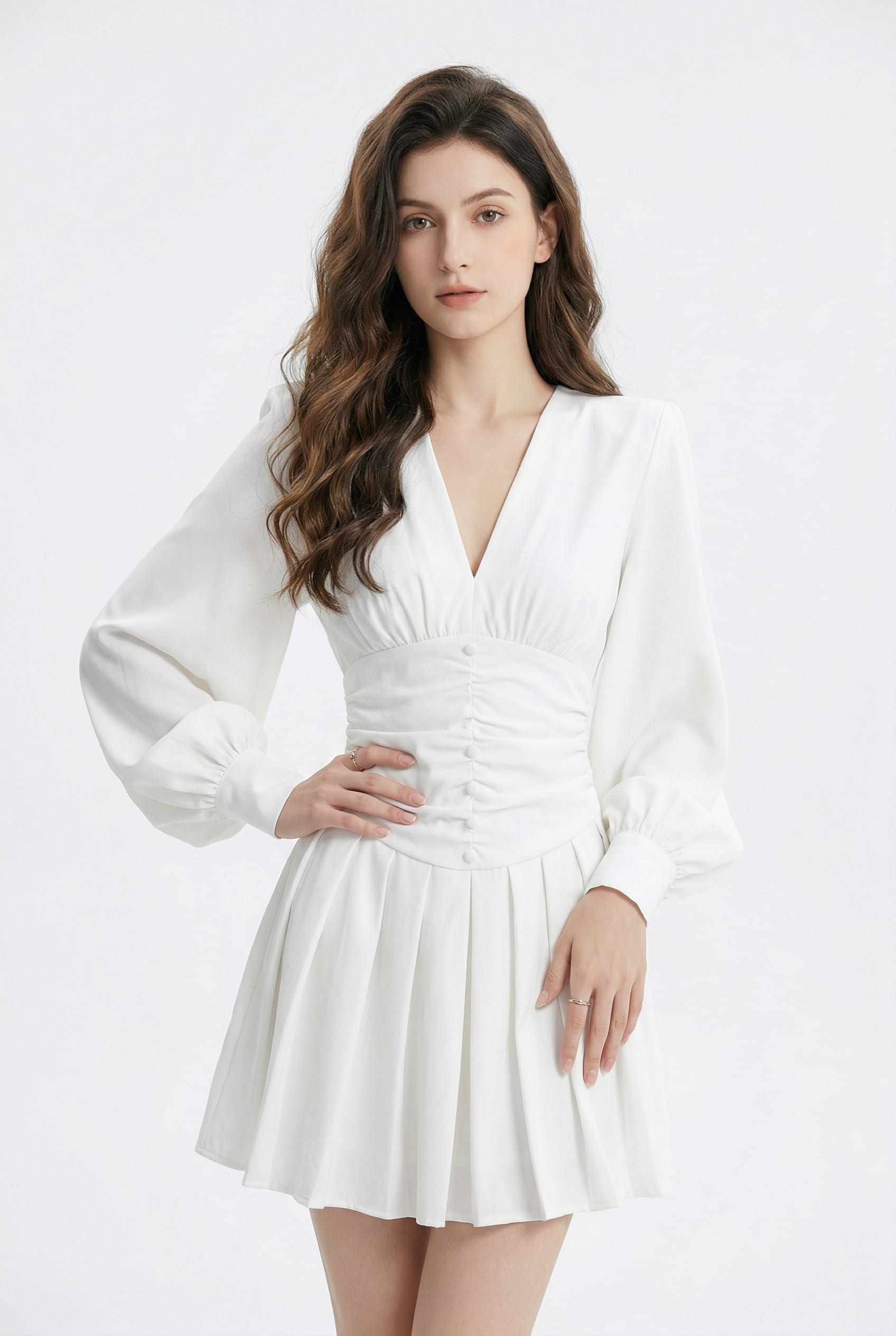 White Ruched Waist Pleated Mini Dress