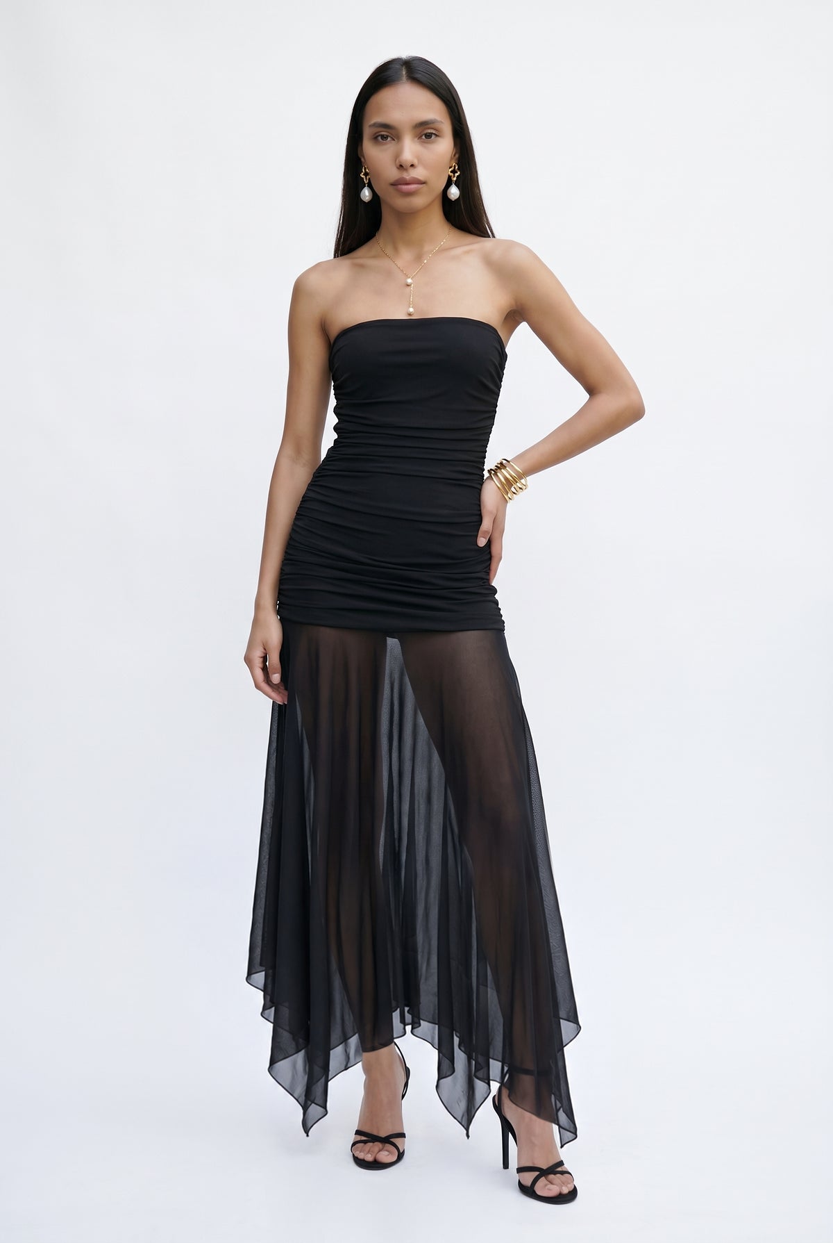Black Ruched Mesh Maxi Dress