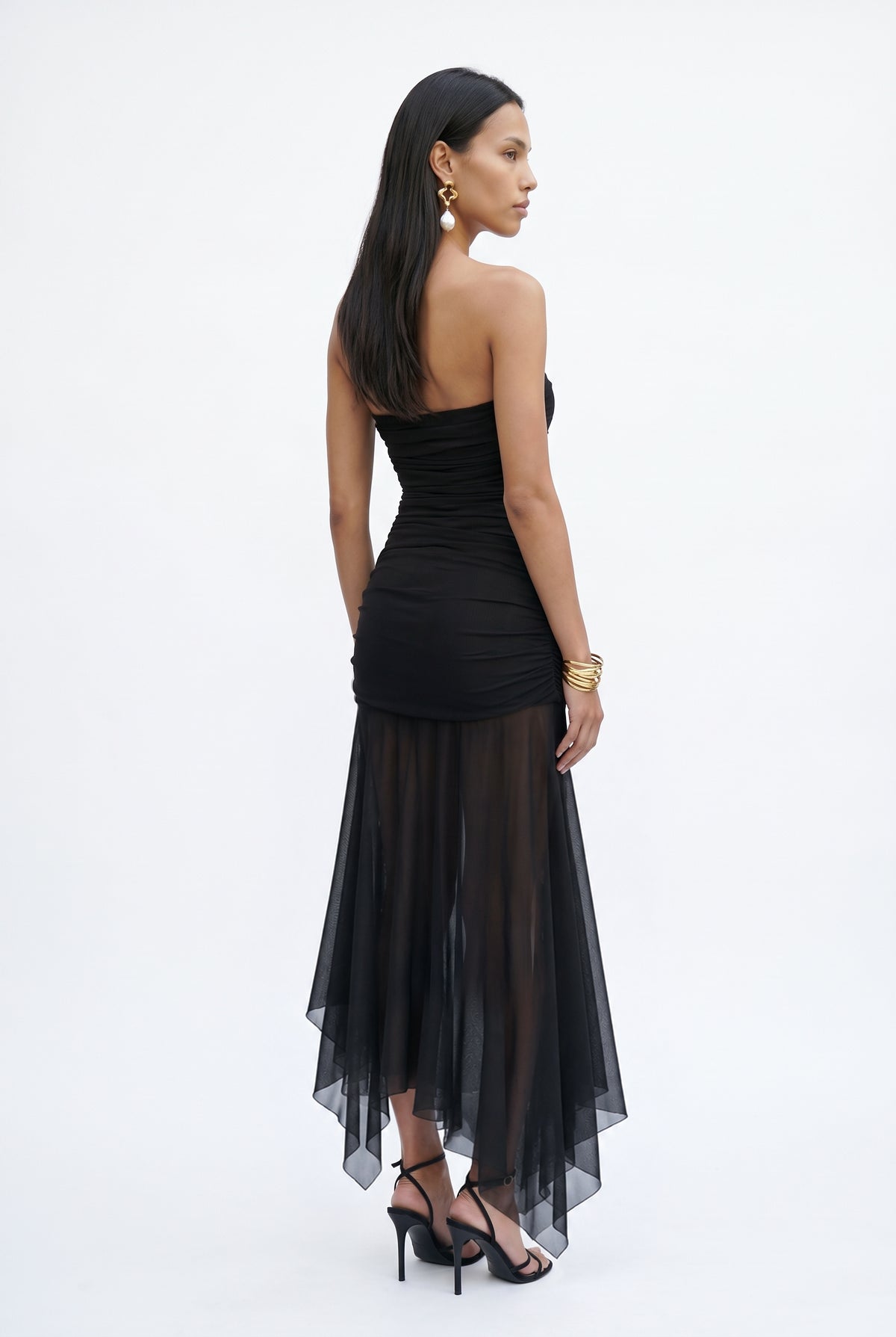 Black Ruched Mesh Maxi Dress