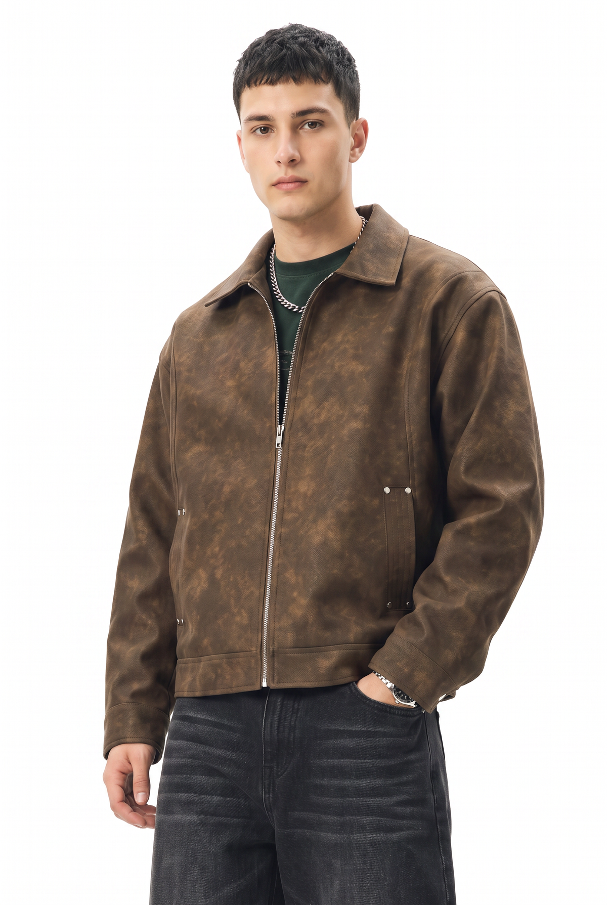Brown Oversized Distressed Leather Jacket