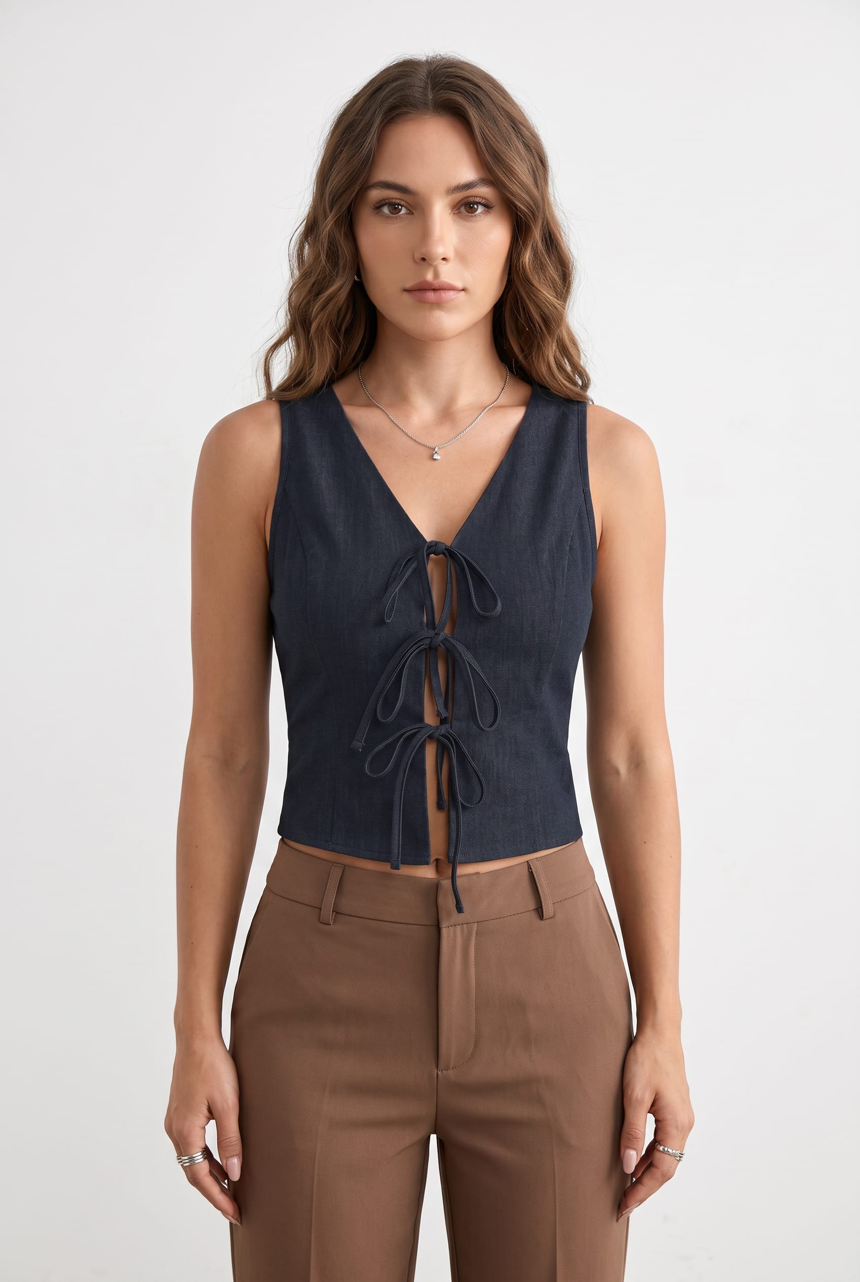 Navy Denim Tie-Front Cropped Top
