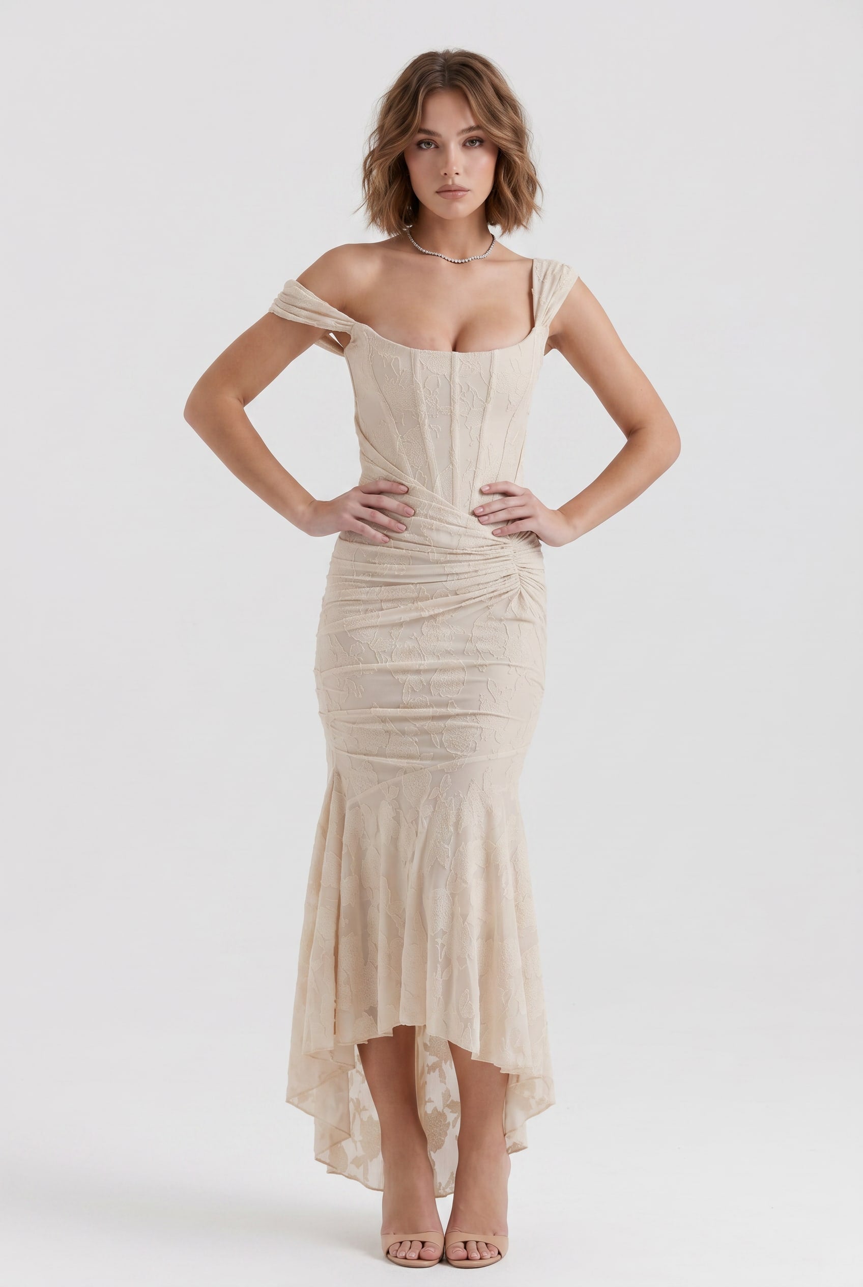Champagne Off-Shoulder Ruched Midi Dress