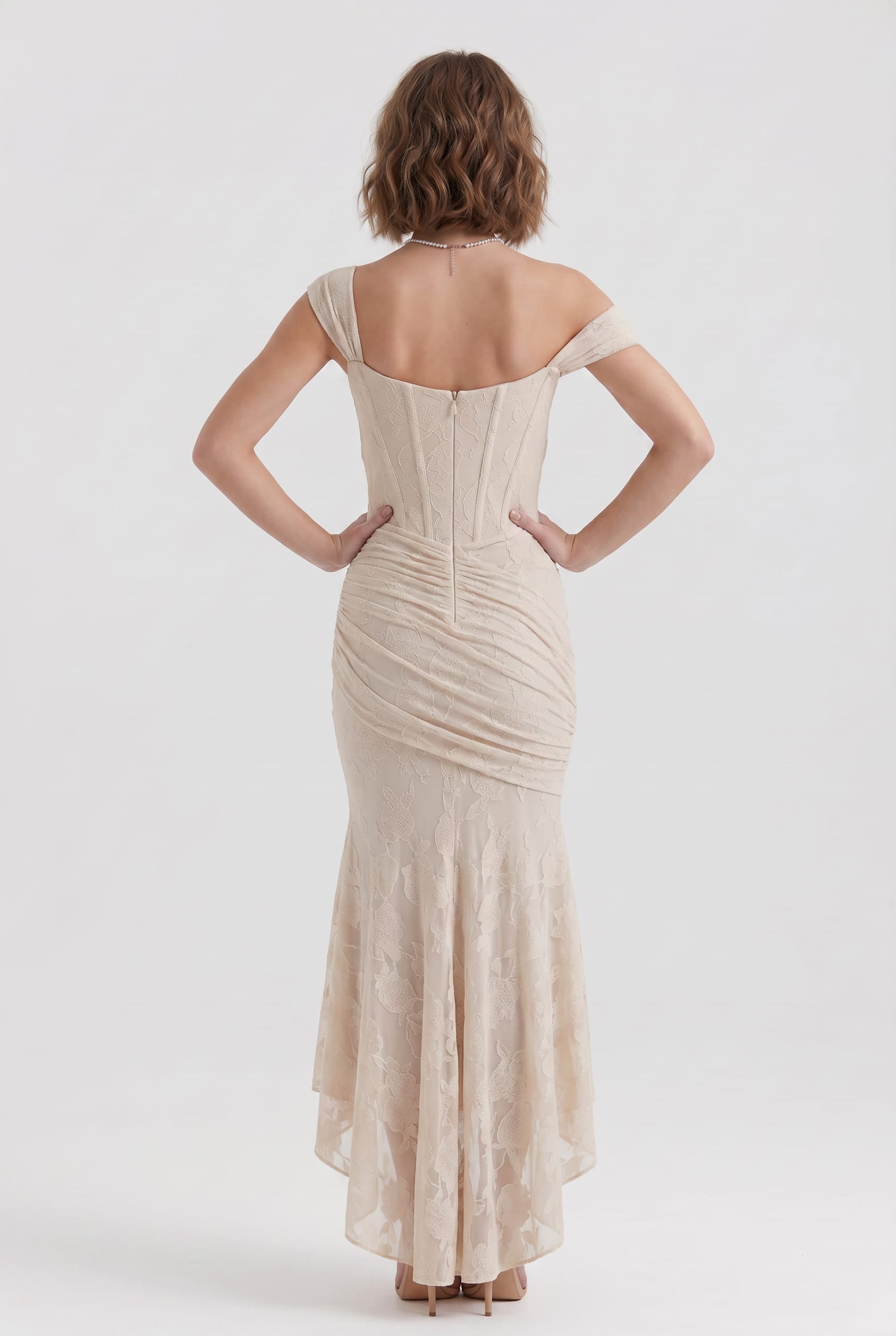 Champagne Off-Shoulder Ruched Midi Dress