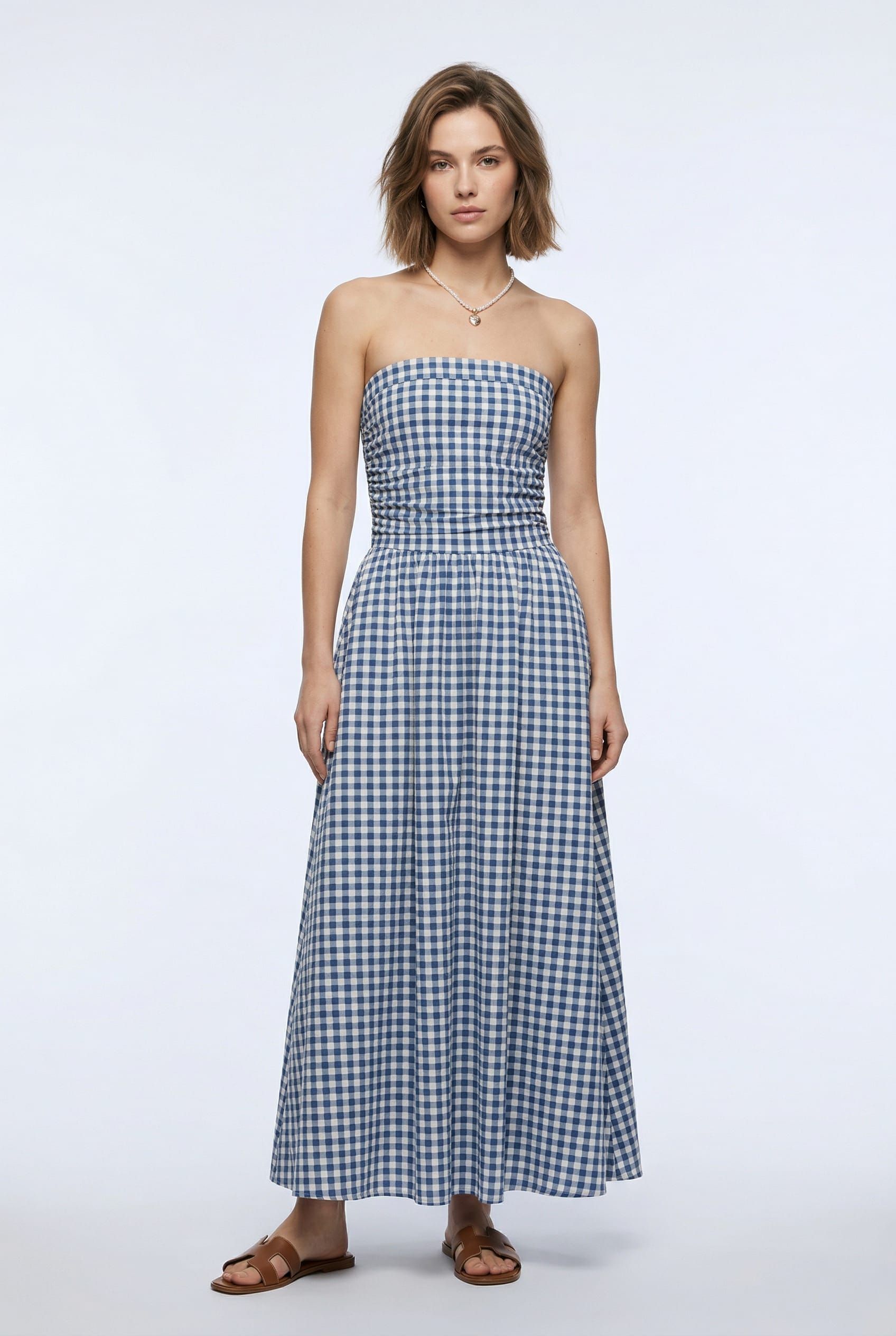 Blue Gingham Check Strapless Maxi Dress