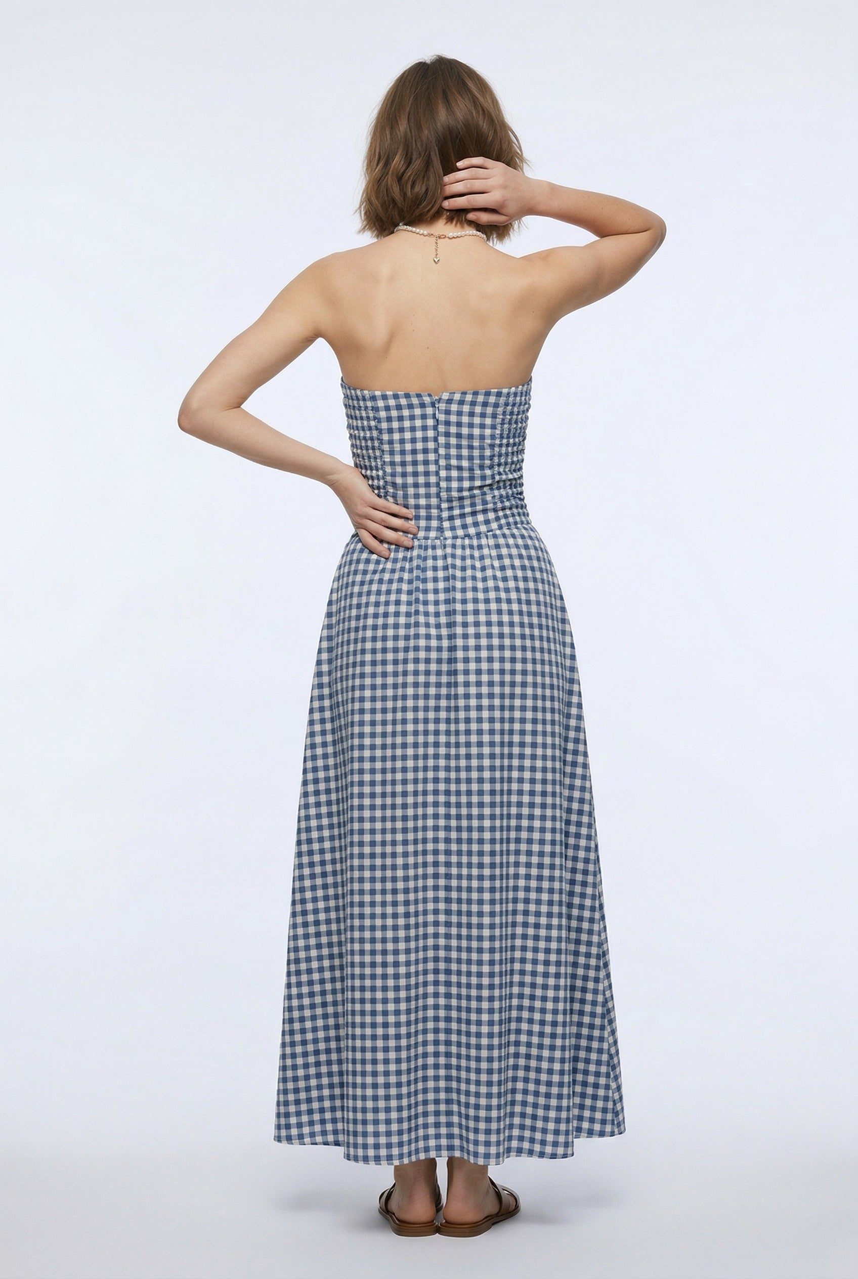 Blue Gingham Check Strapless Maxi Dress