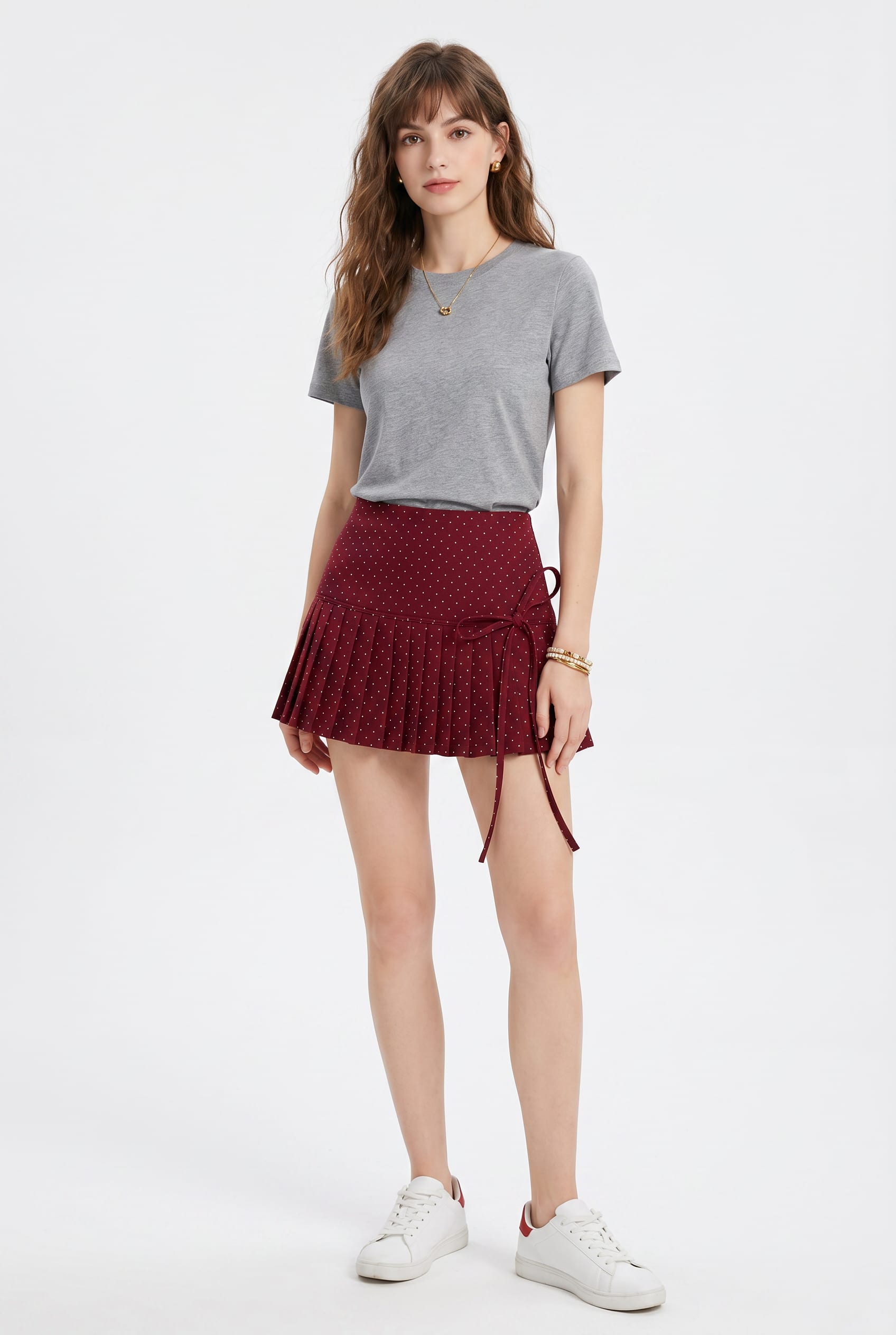 Burgundy Dotted Pleated Mini Skirt