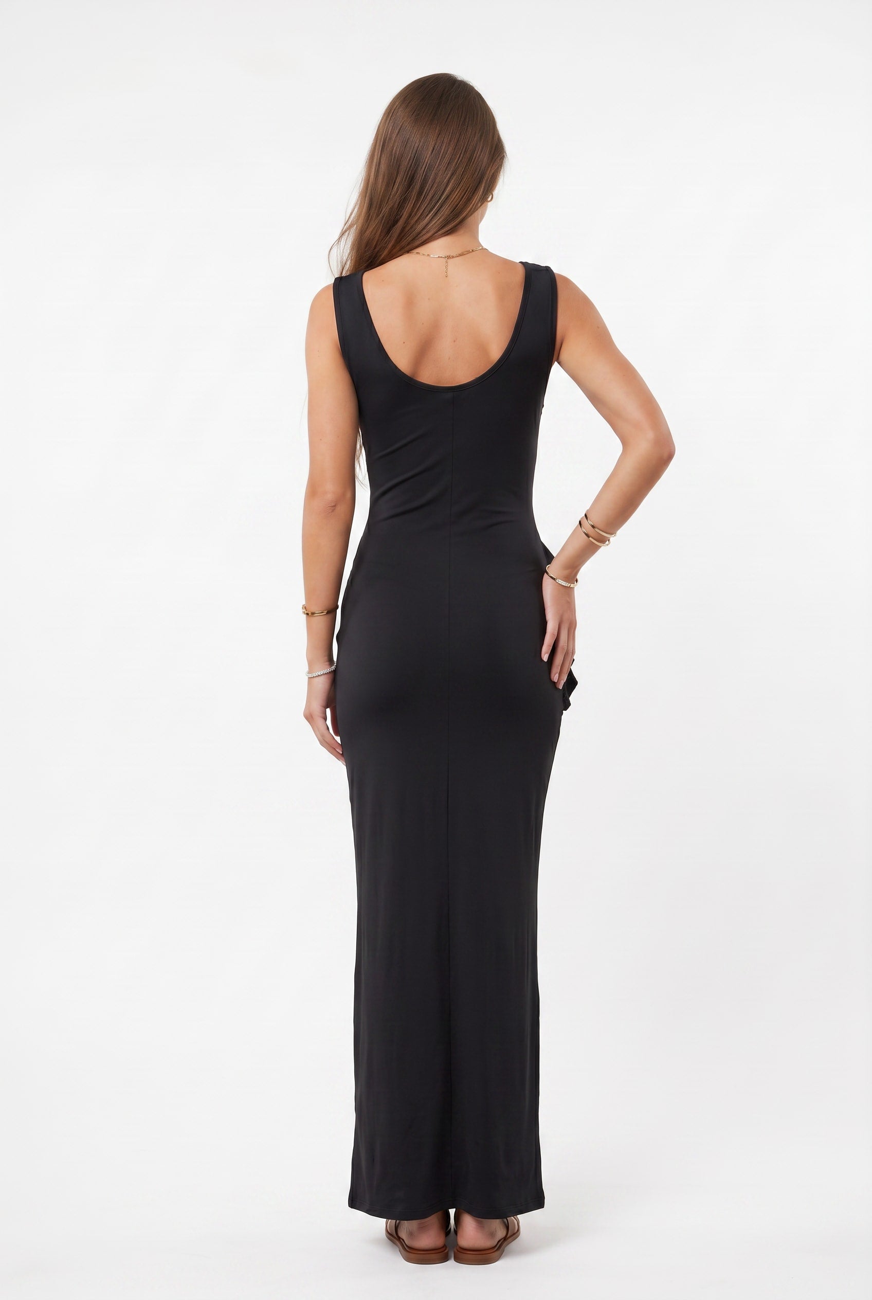 Black Ruffled V-Neck Maxi Dress