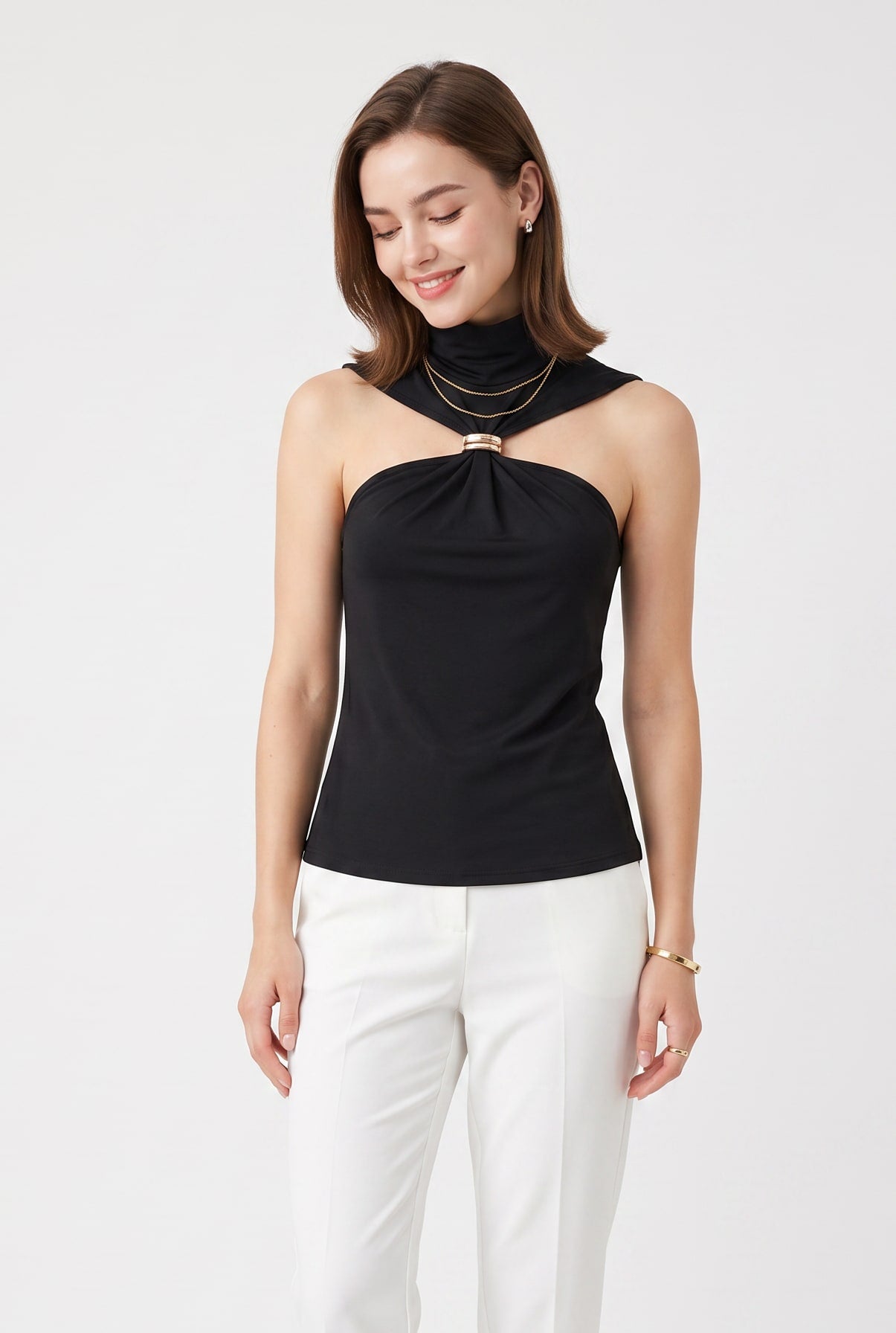 Black Halter Neck Ring Detail Top