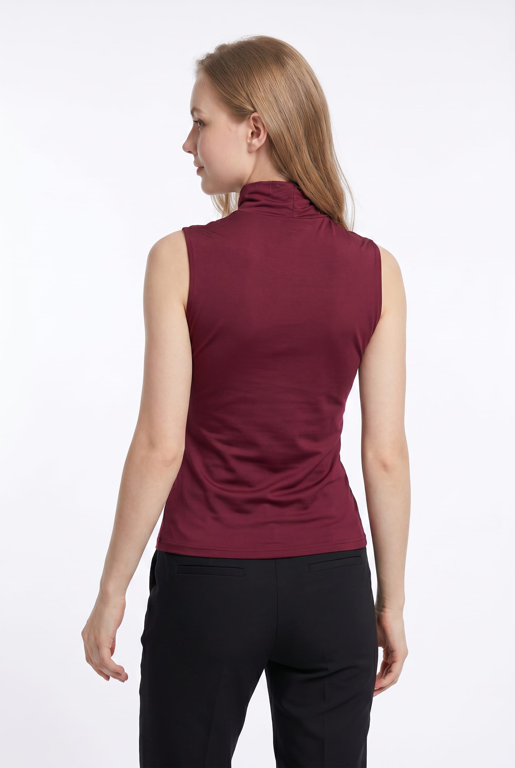 Burgundy Turtleneck Embellished Sleeveless Top