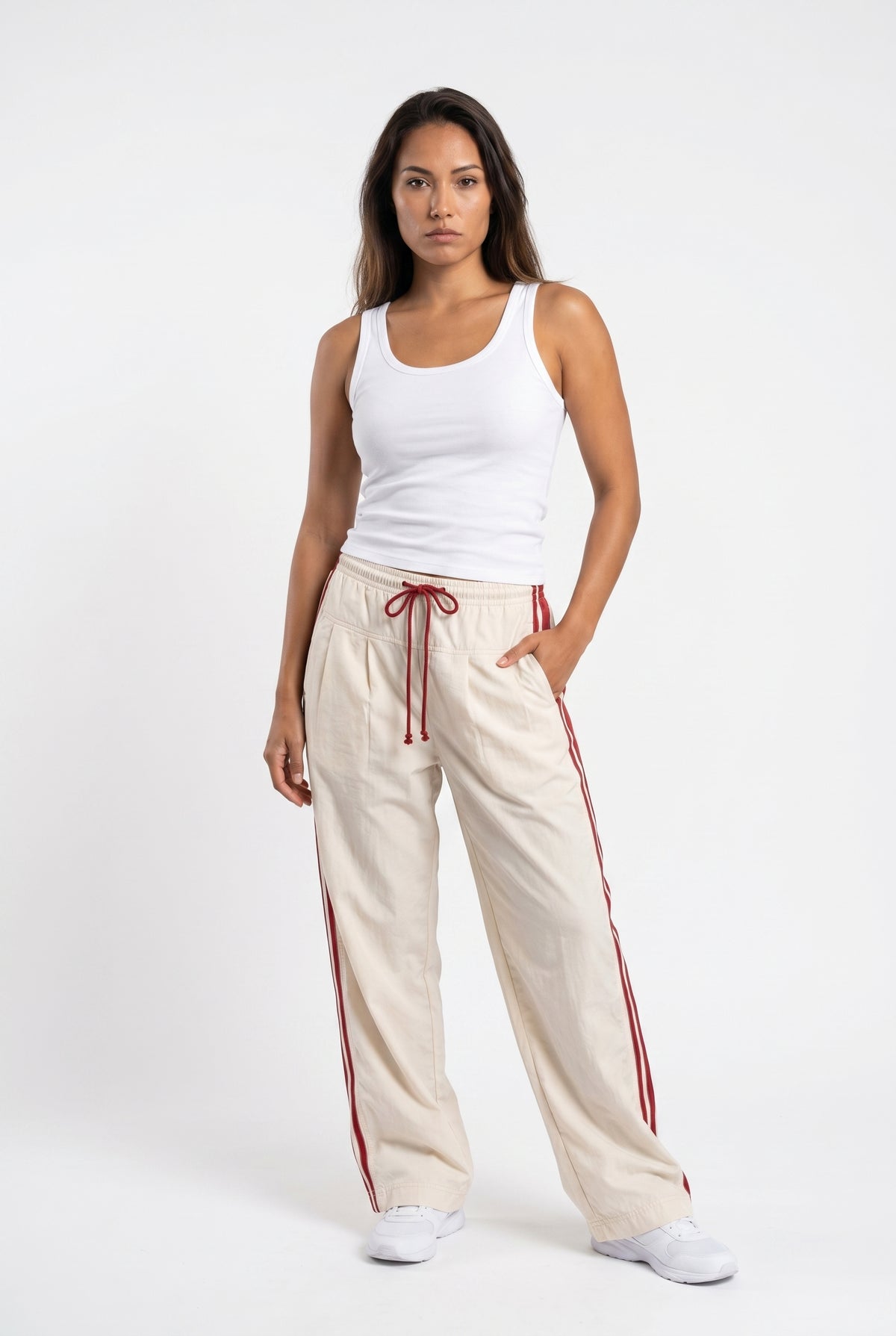 Beige Wide Leg Track Pants