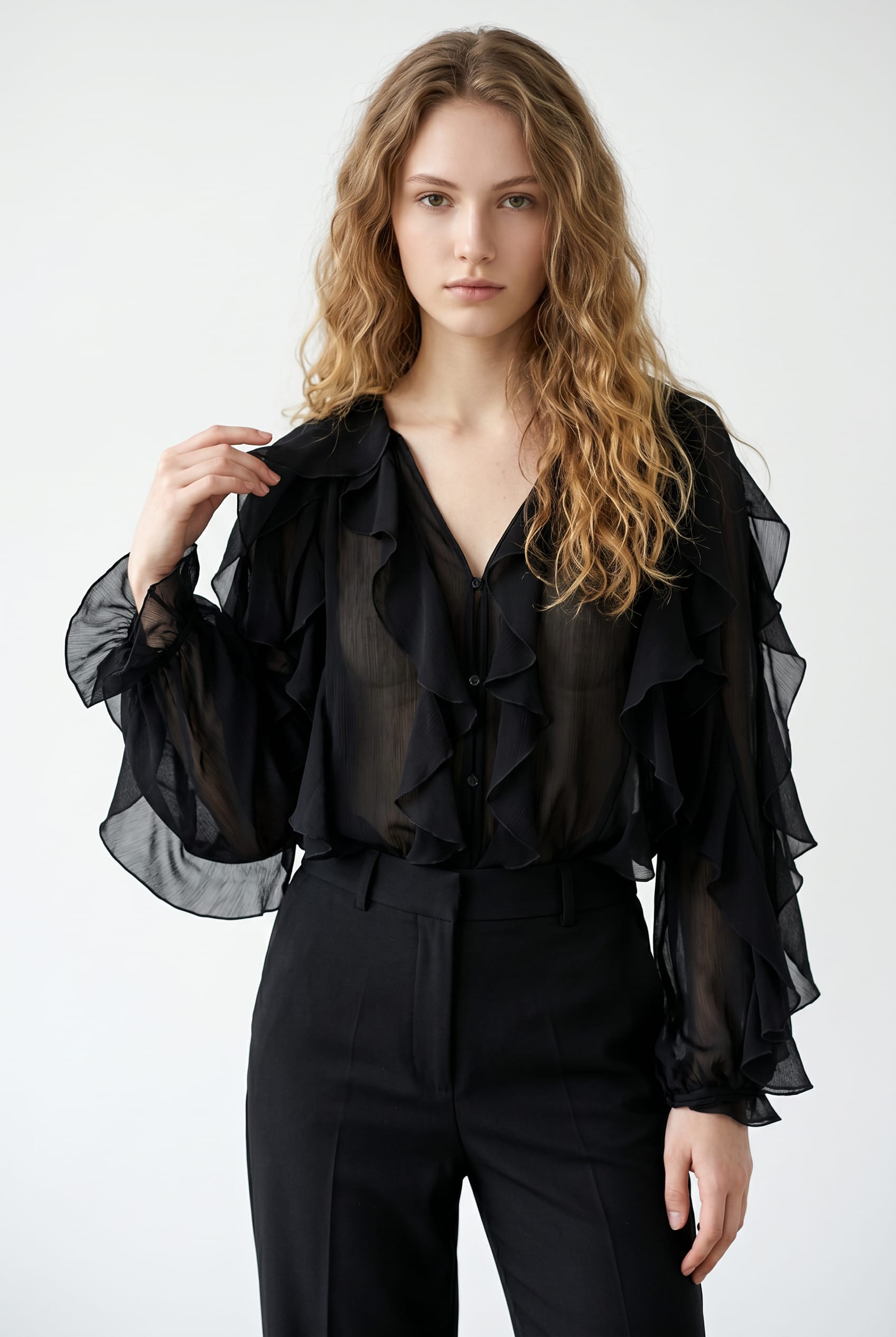 Black Sheer Ruffled Long Sleeve Blouse